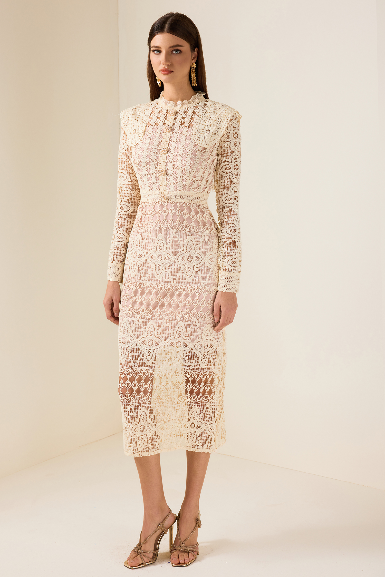 Lace Faux Pearl Button Long Sleeve Midi Dress