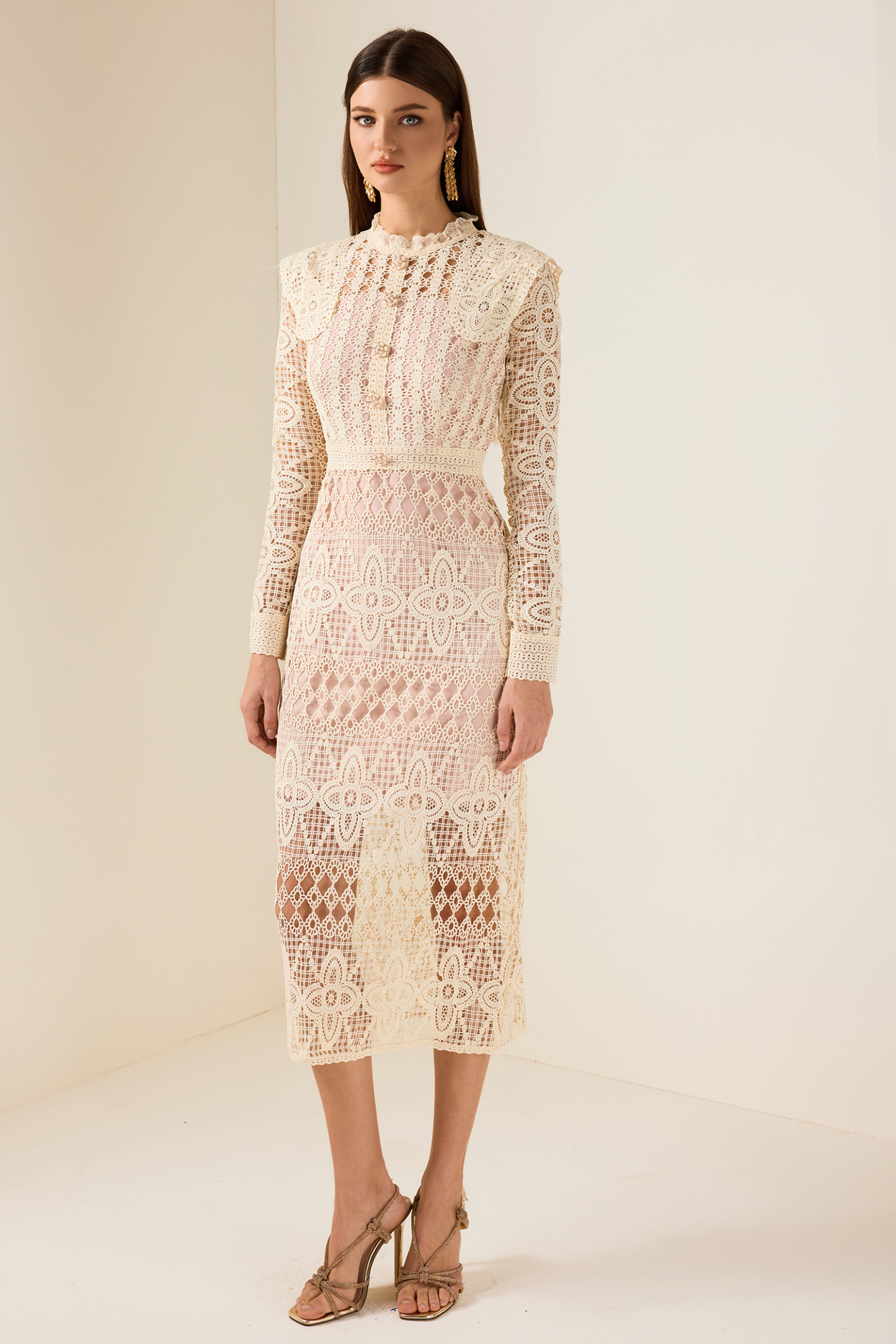 Lace Faux Pearl Button Long Sleeve Midi Dress