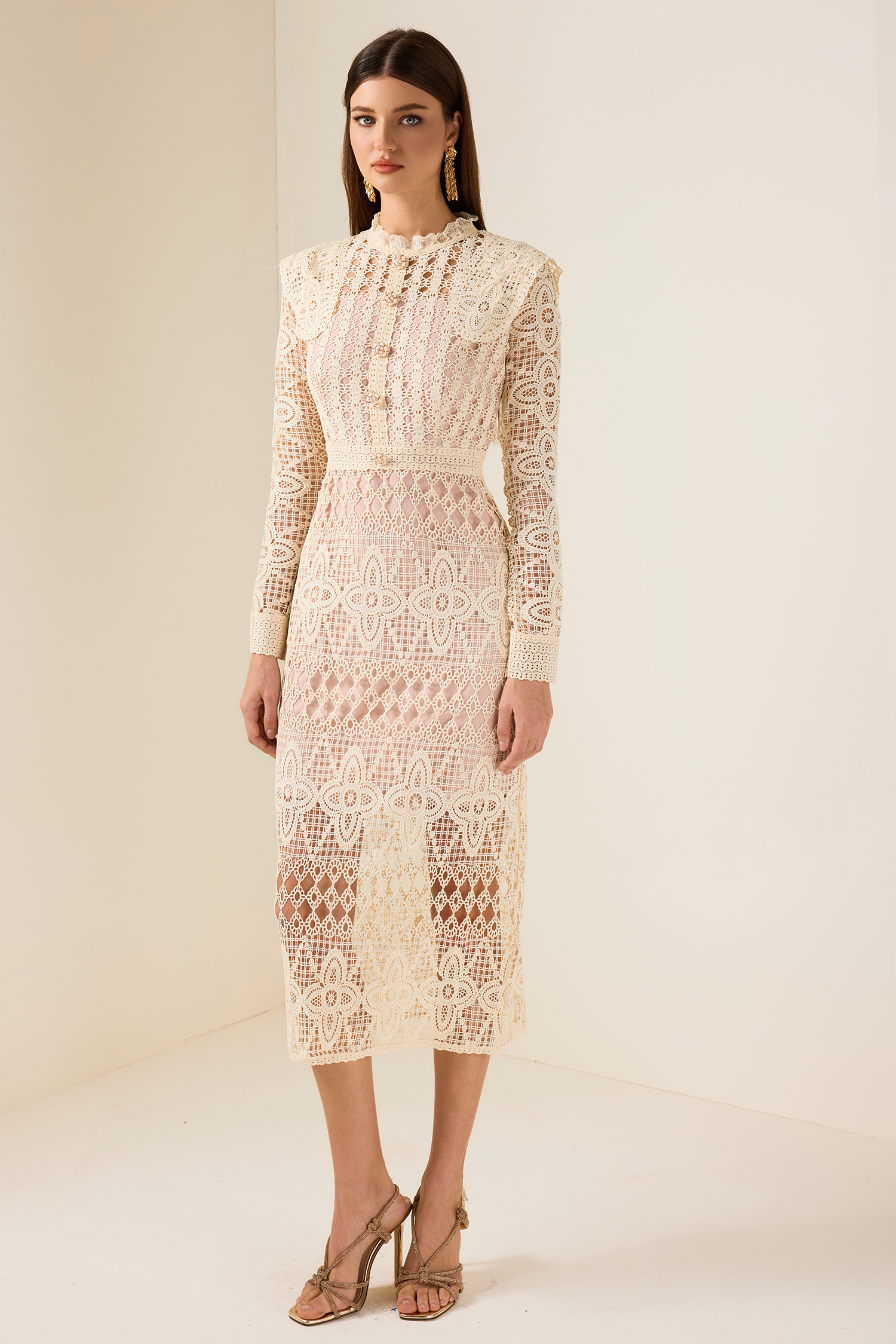 Lace Faux Pearl Button Long Sleeve Midi Dress