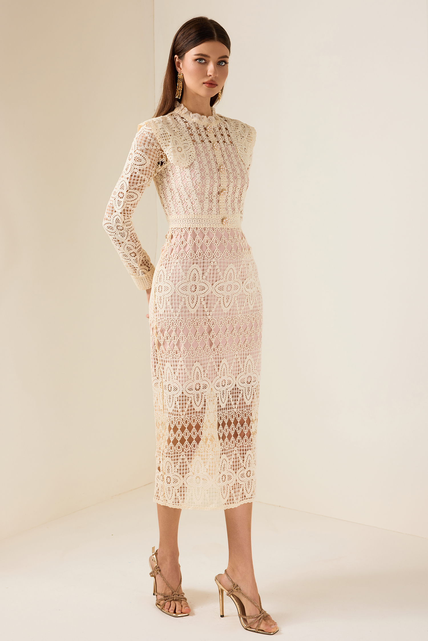 Lace Faux Pearl Button Long Sleeve Midi Dress