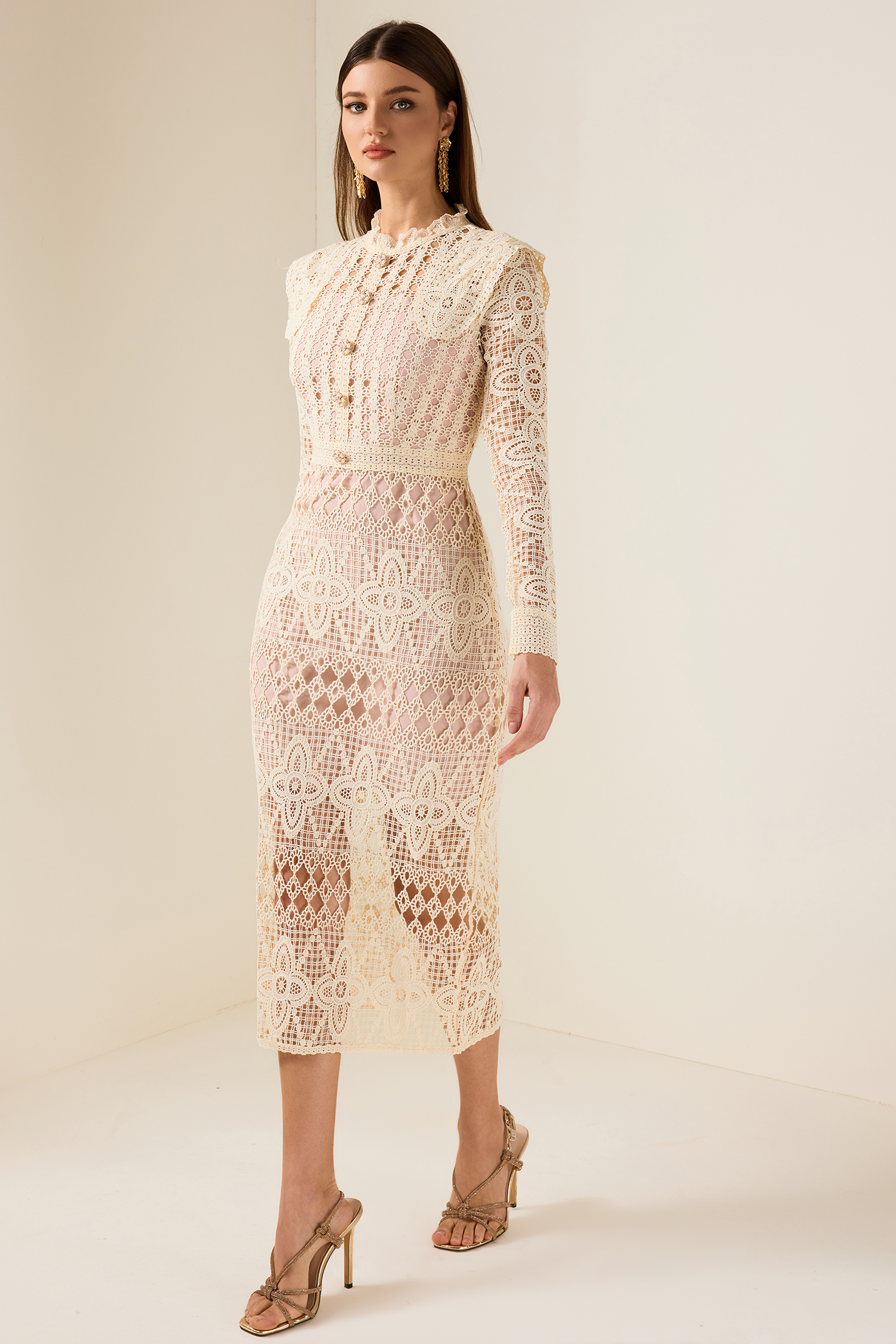 Lace Faux Pearl Button Long Sleeve Midi Dress