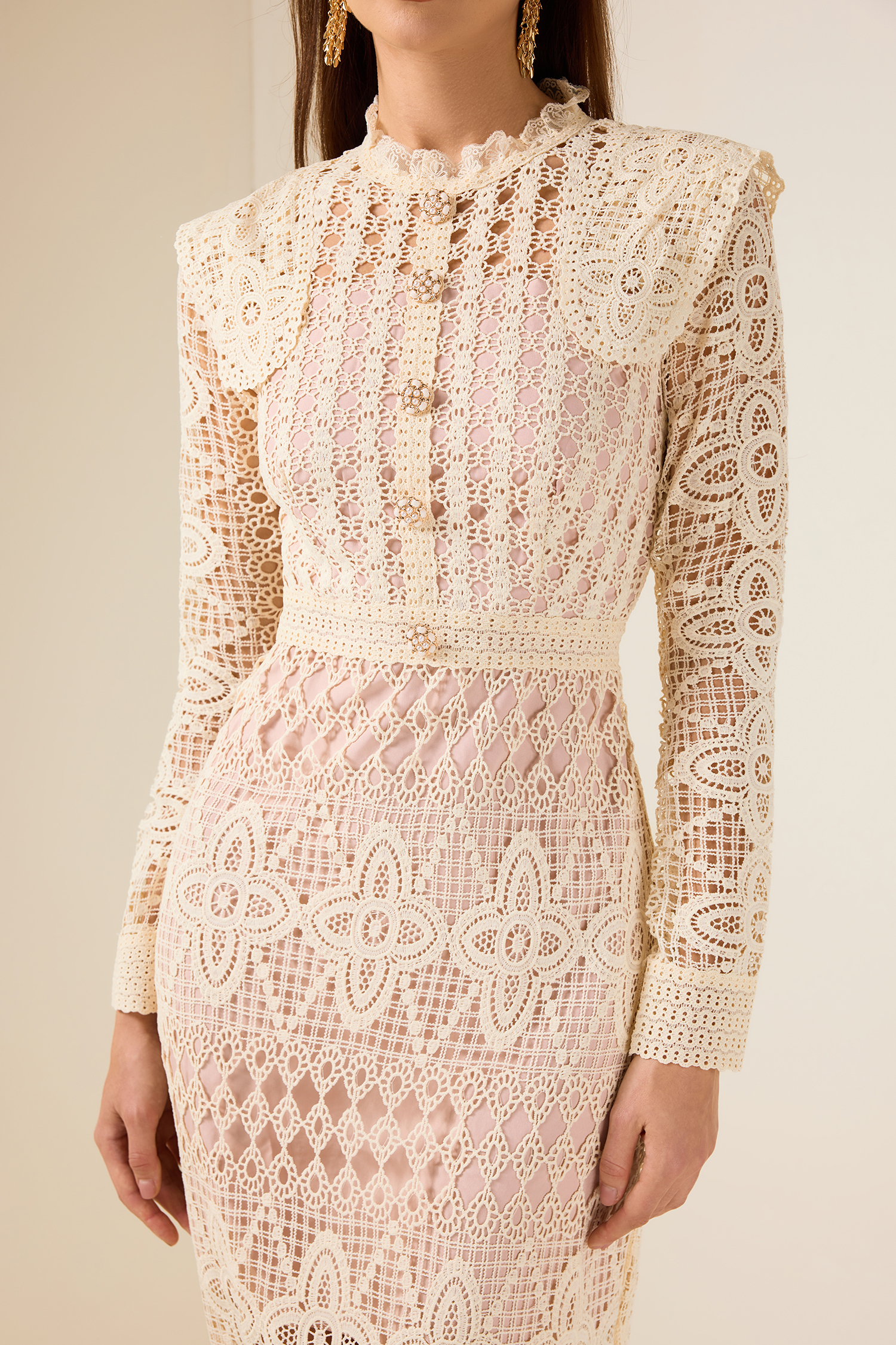 Lace Faux Pearl Button Long Sleeve Midi Dress