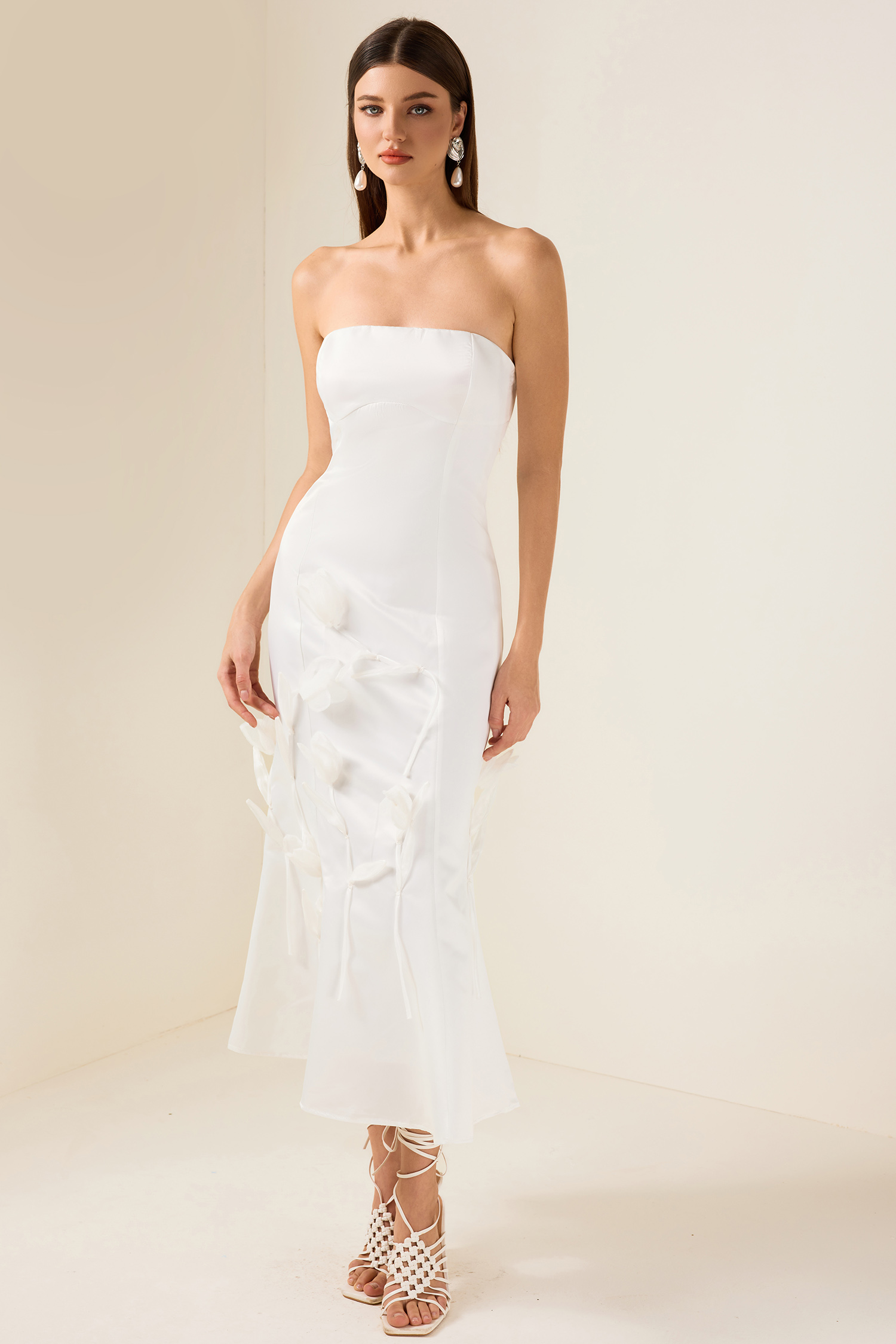 3D Flower Satin Sleeveless Midi Dress