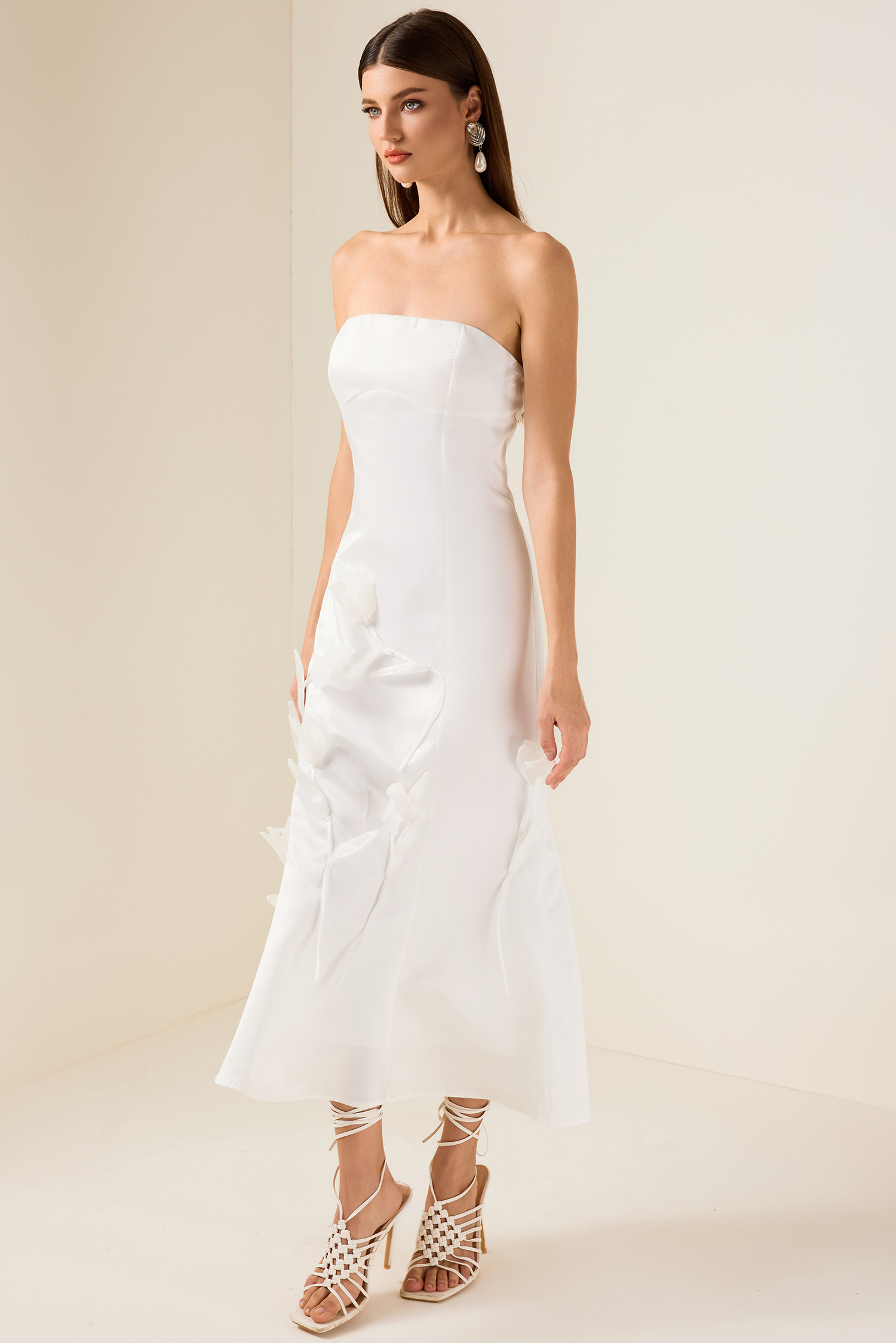 3D Flower Satin Sleeveless Midi Dress