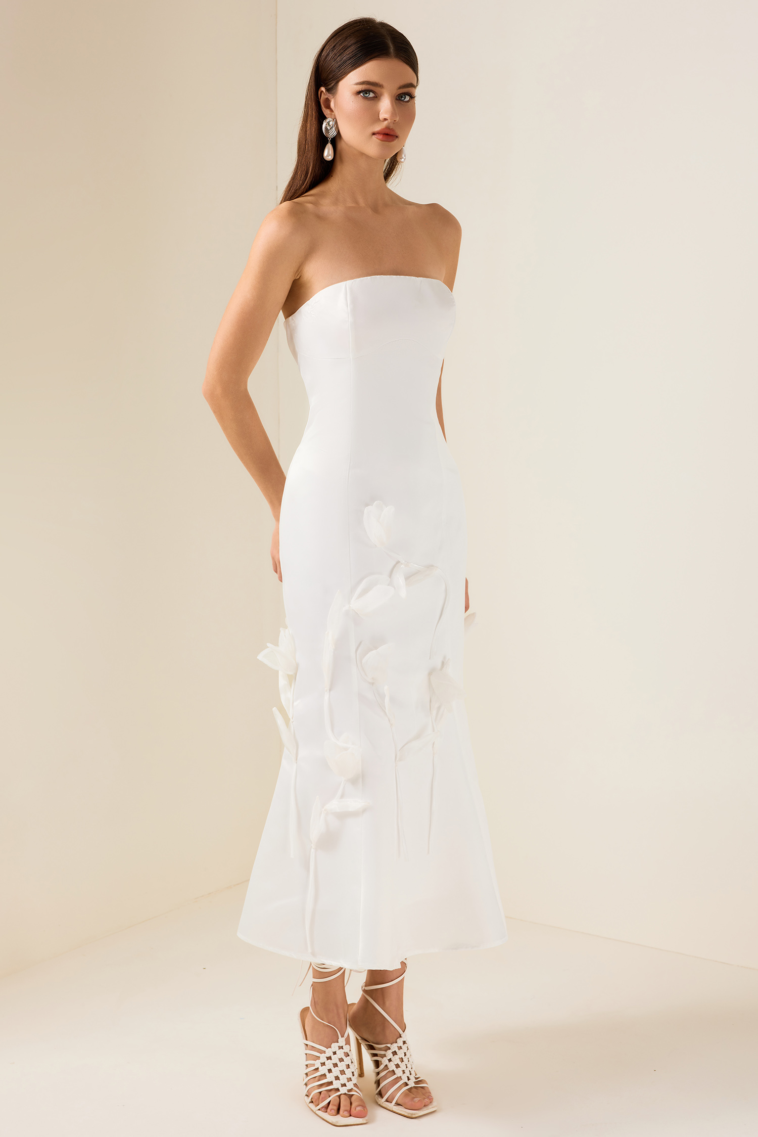 3D Flower Satin Sleeveless Midi Dress