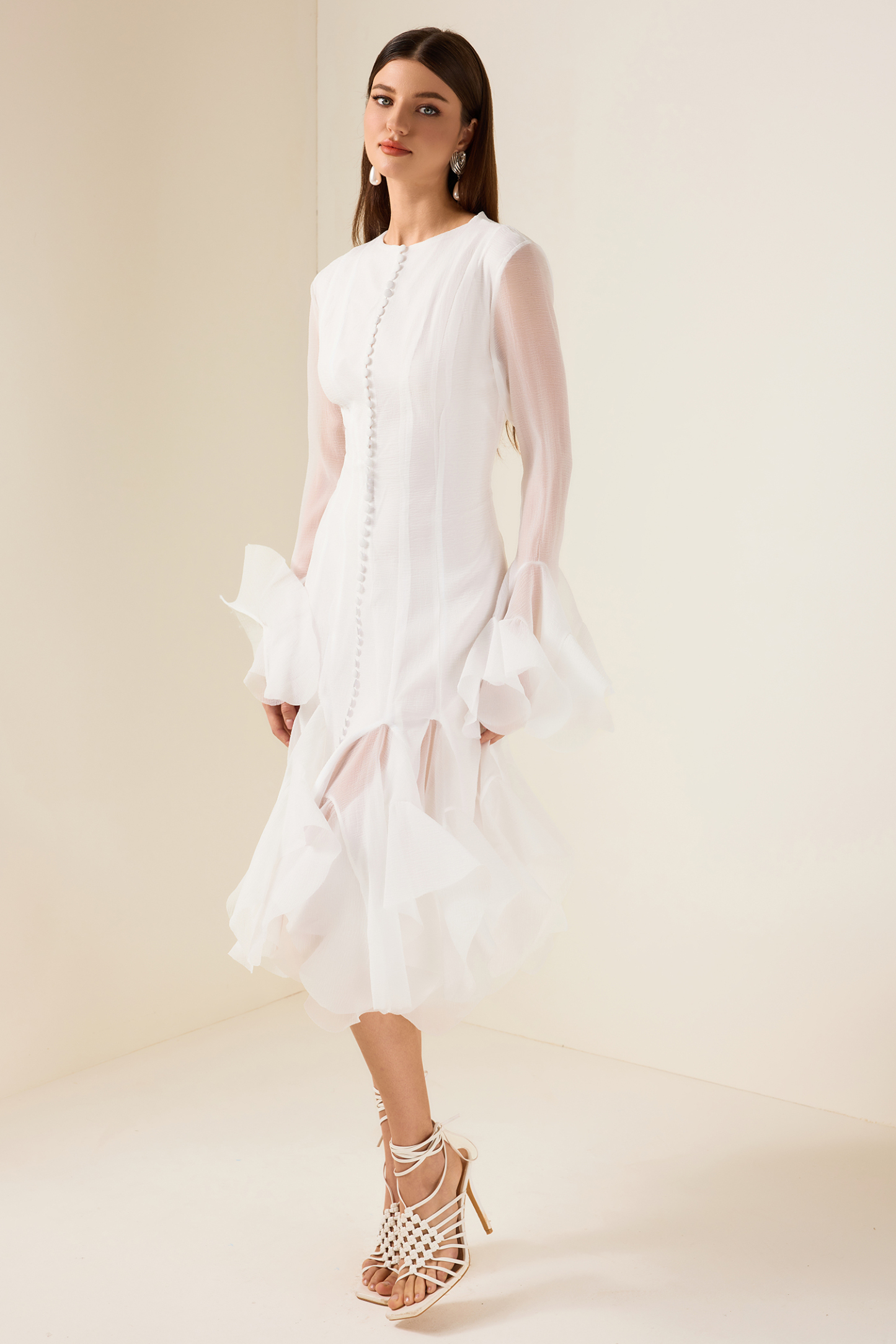 Solid Ruffle Bell Sleeve Midi Dress