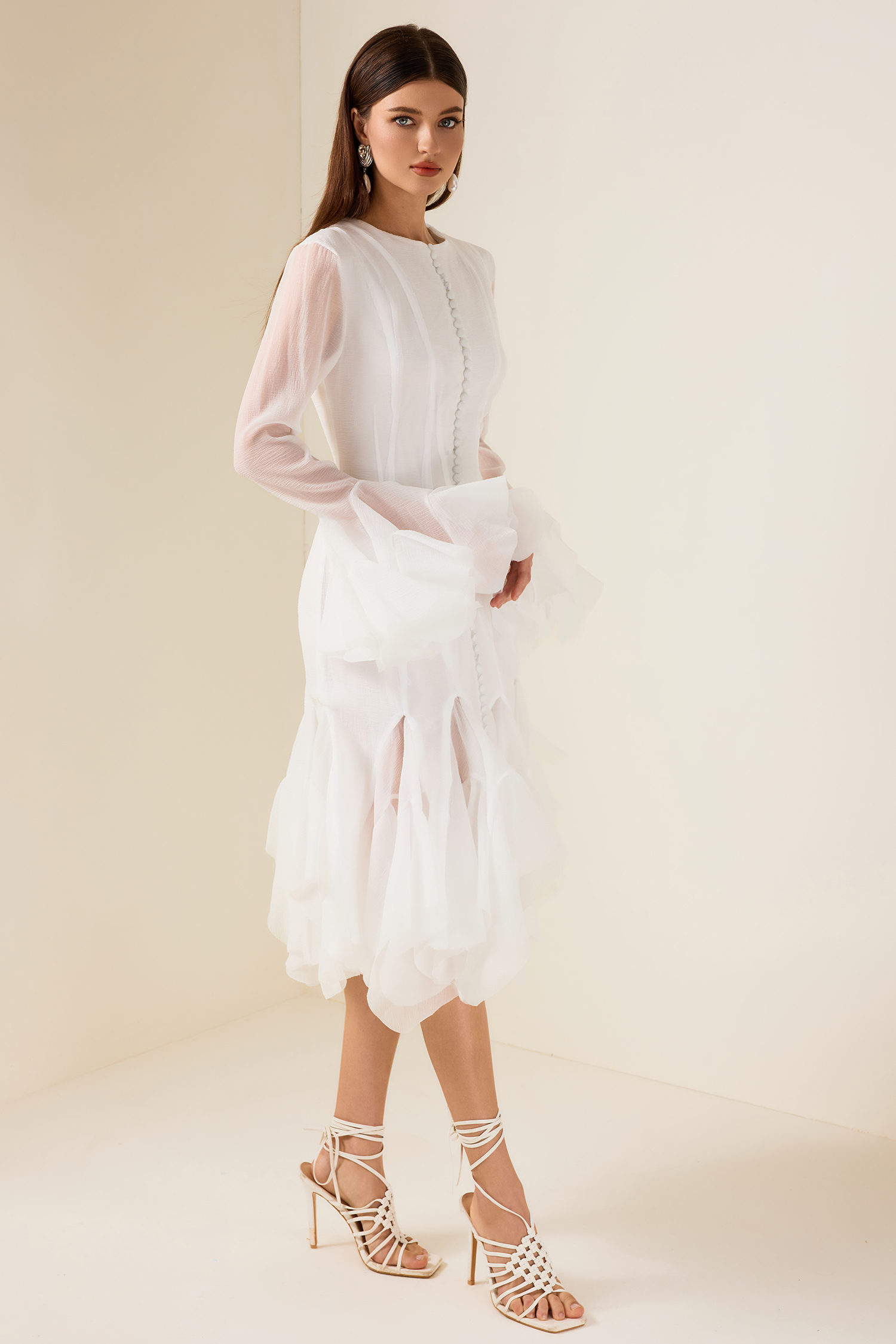 Solid Ruffle Bell Sleeve Midi Dress