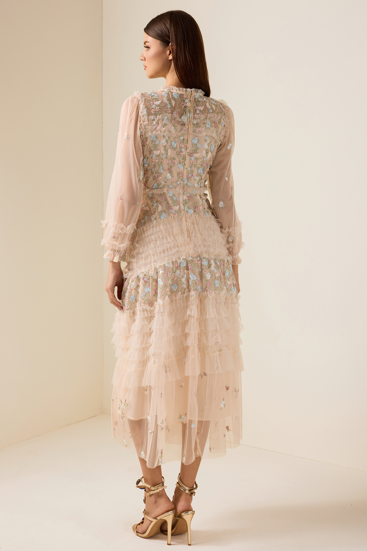 Mesh Embroidered Frill Midi Dress