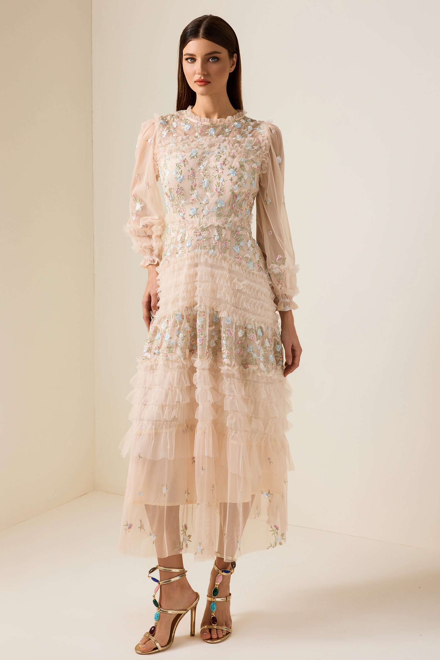 Mesh Embroidered Frill Midi Dress