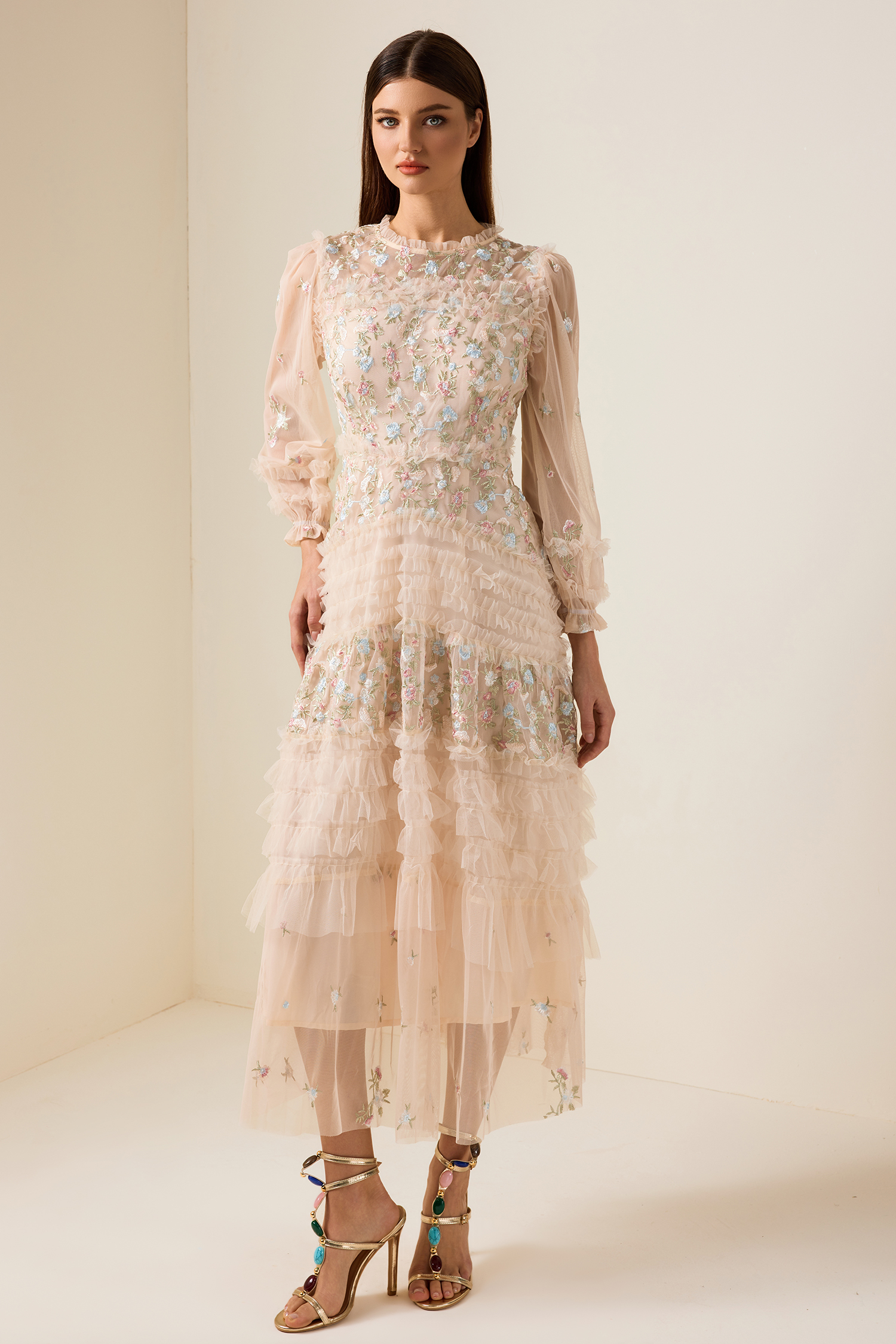 Mesh Embroidered Frill Midi Dress