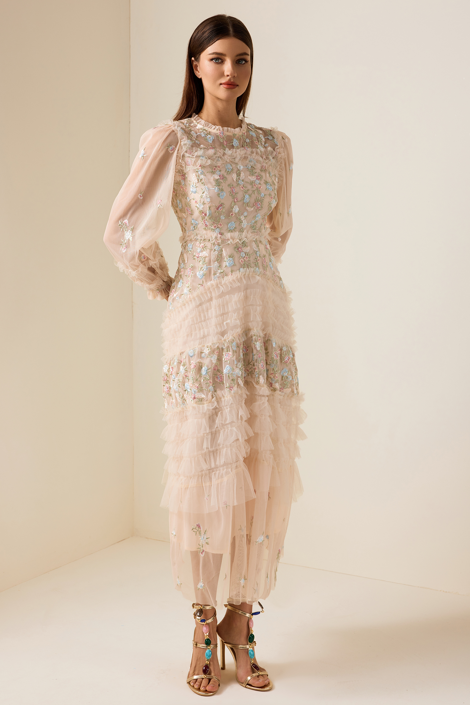 Mesh Embroidered Frill Midi Dress