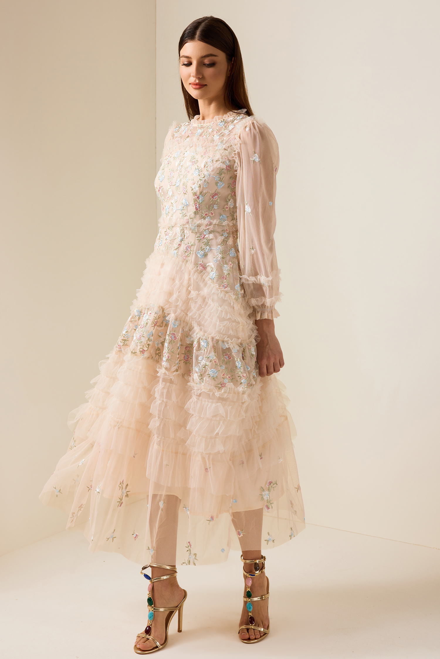 Mesh Embroidered Frill Midi Dress