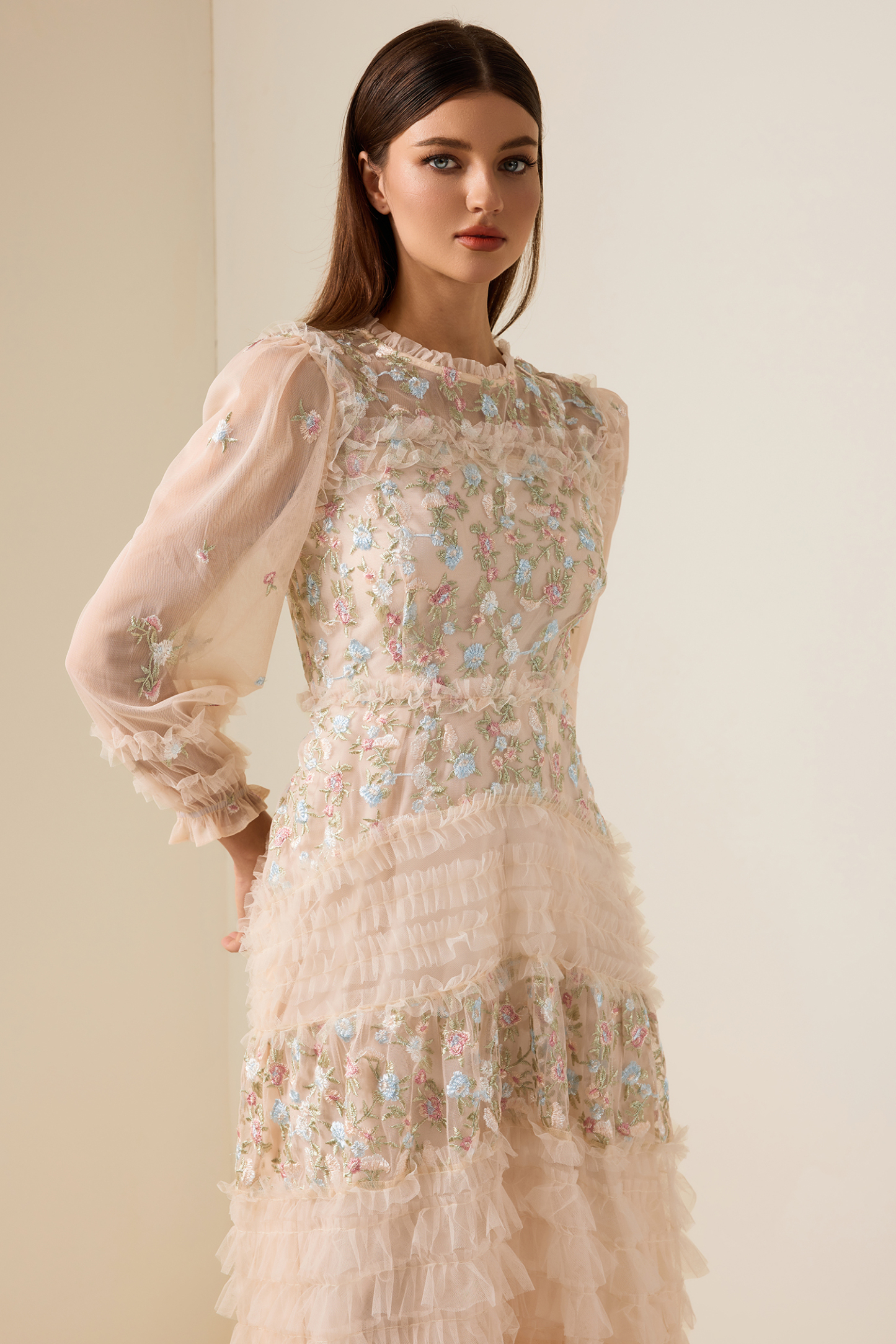 Mesh Embroidered Frill Midi Dress