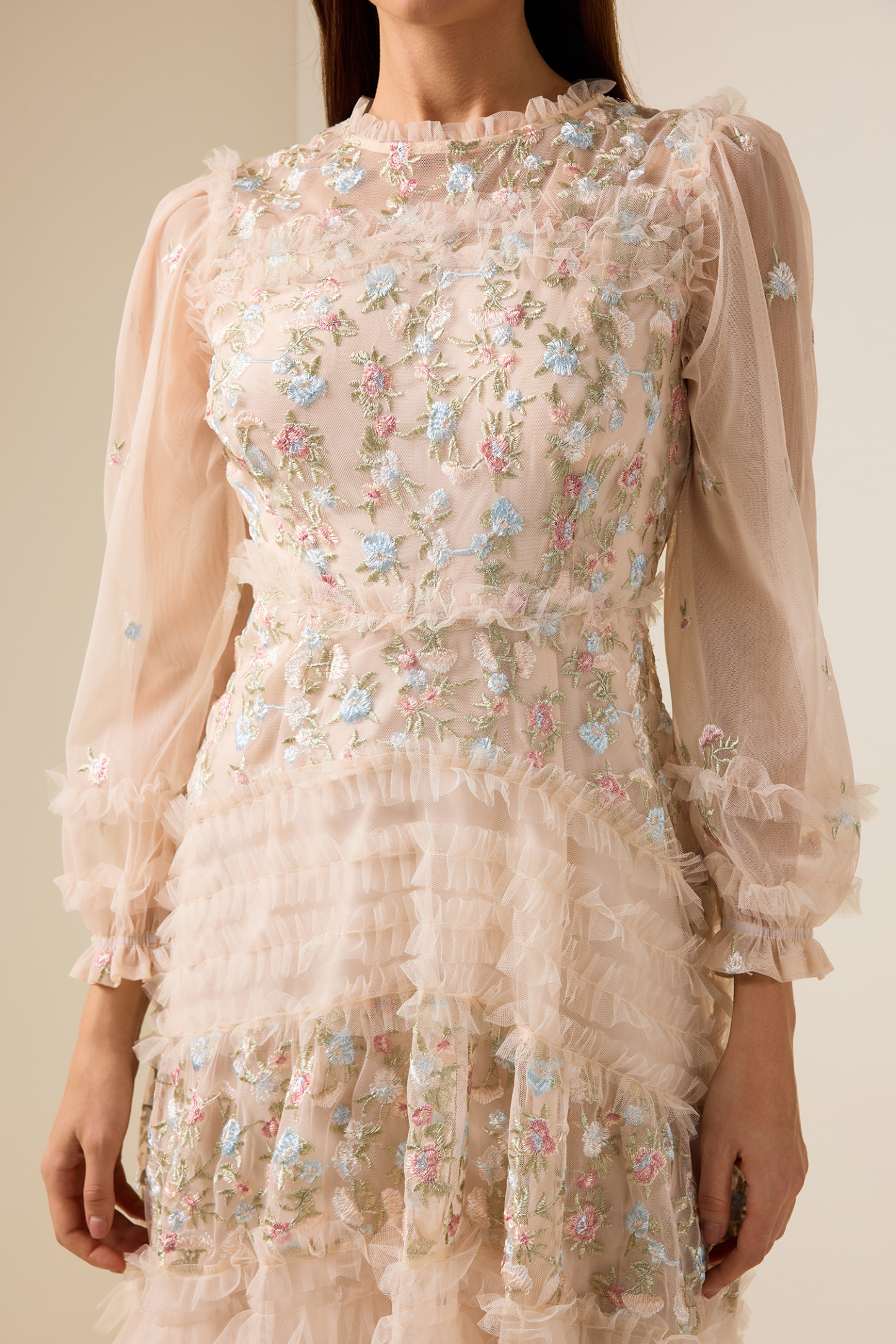 Mesh Embroidered Frill Midi Dress