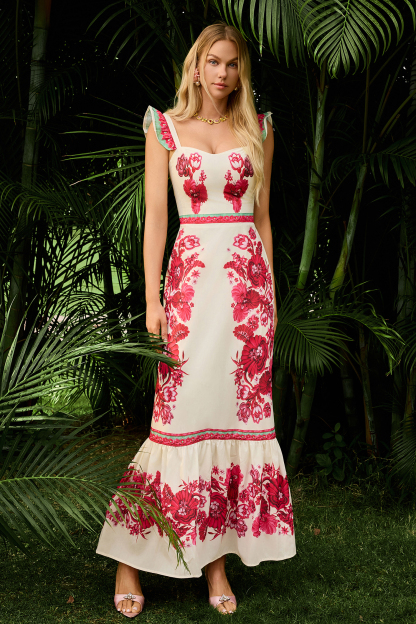 Floral Sleeveless Sweetheart Neck Splicing Midi Dress