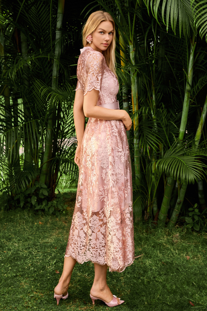 Embroidered Single Breasted Midi Dress With Belt