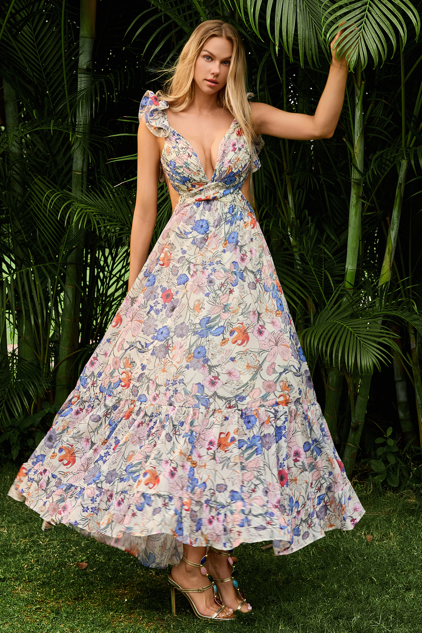 Floral Pleated Backless Lace Up Maxi Dress