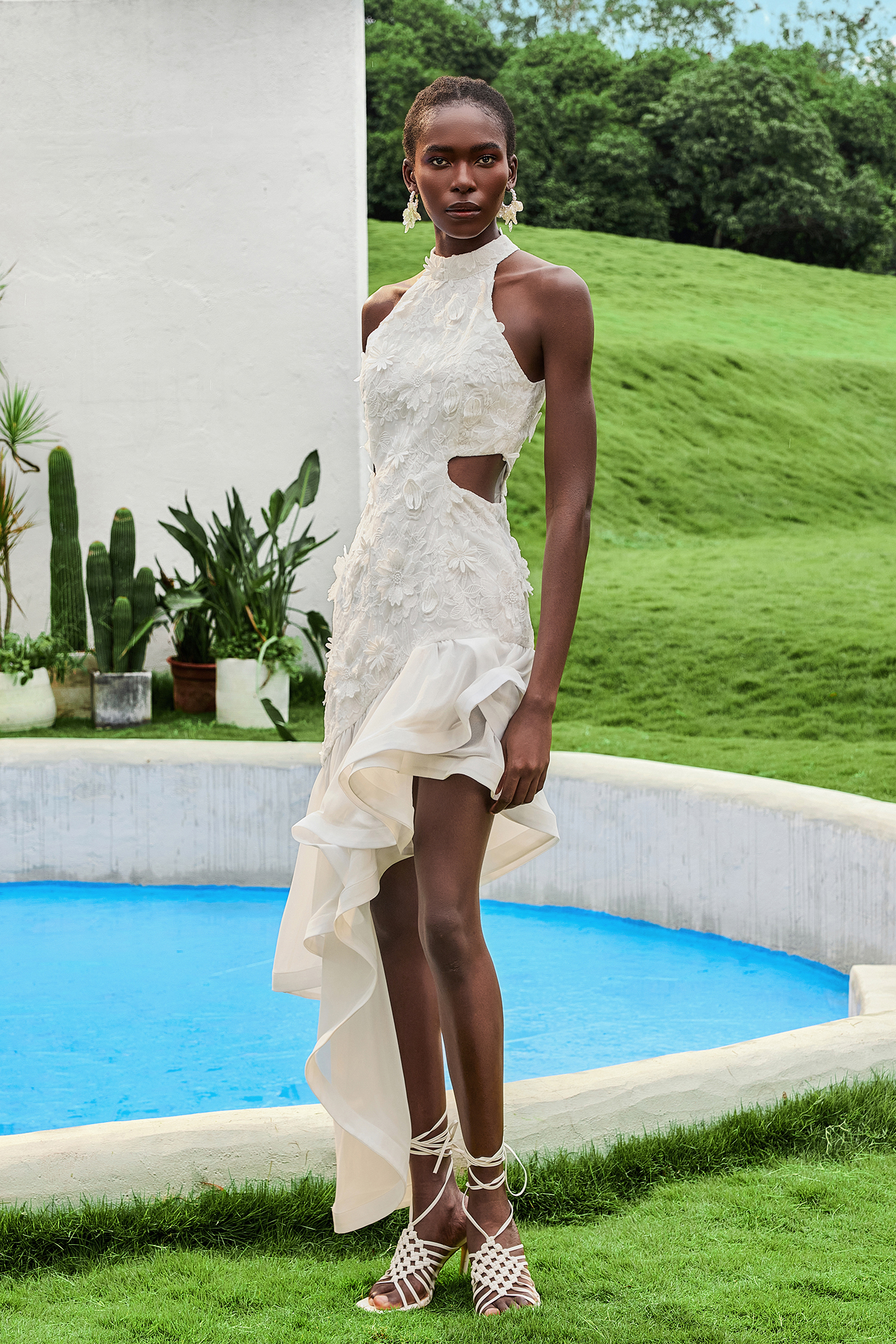 Ruffle Embroidered Halter Neck Midi  Dress