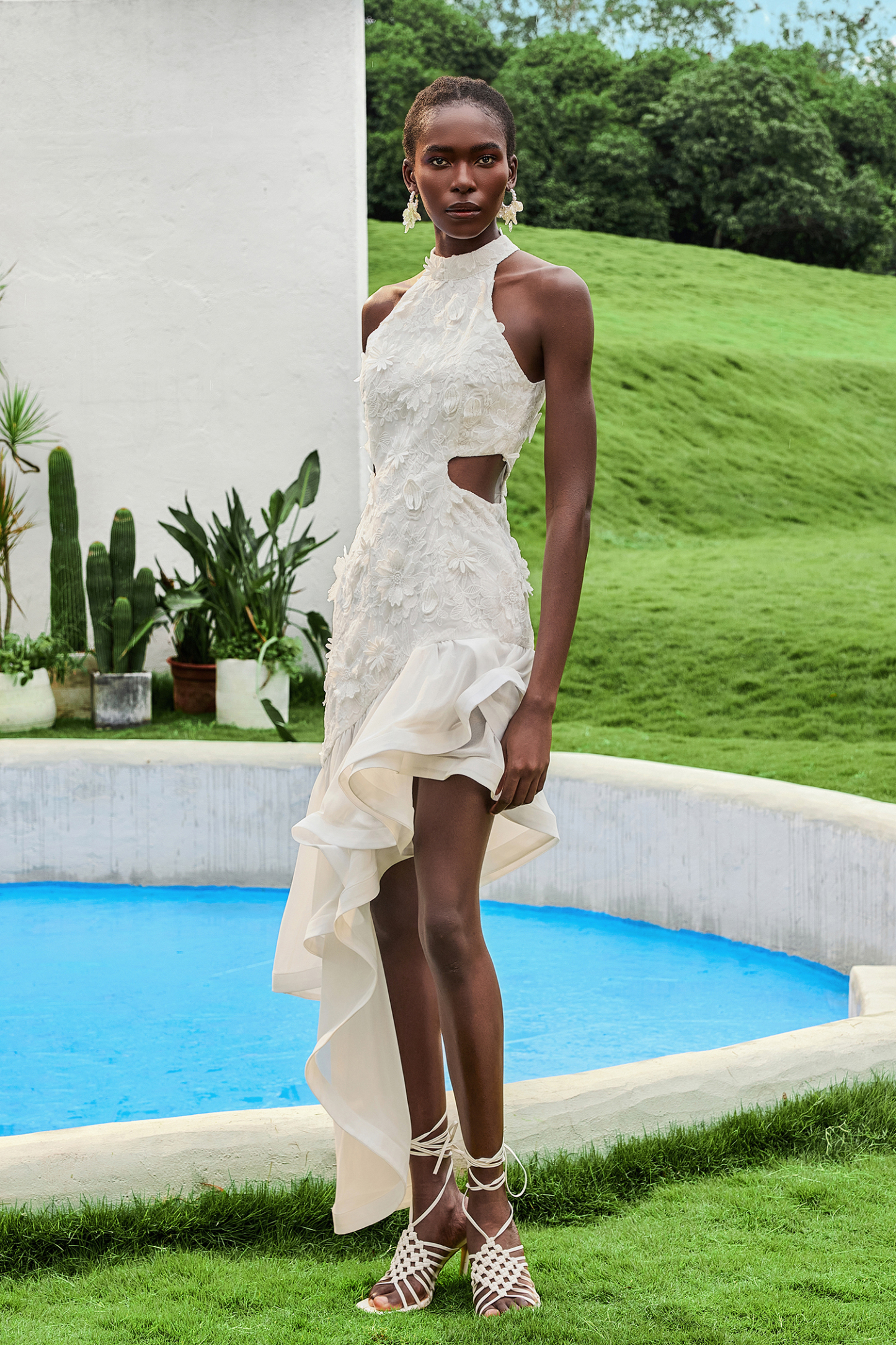 Ruffle Embroidered Halter Neck Midi  Dress