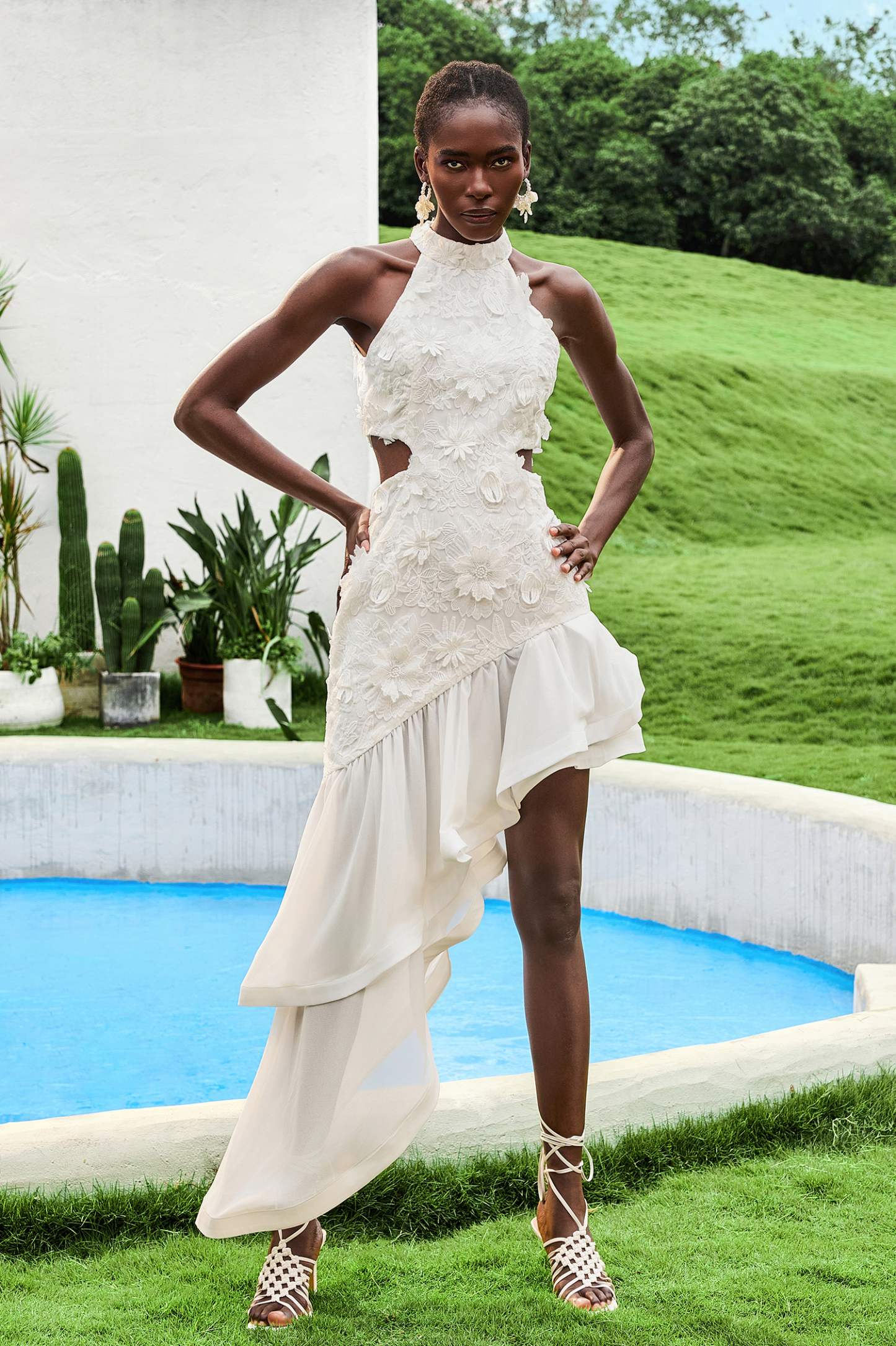 Ruffle Embroidered Halter Neck Midi  Dress