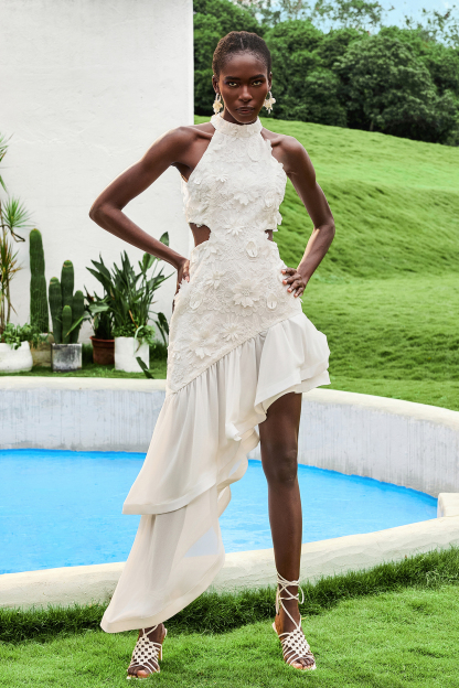 Ruffle Embroidered Halter Neck Midi  Dress