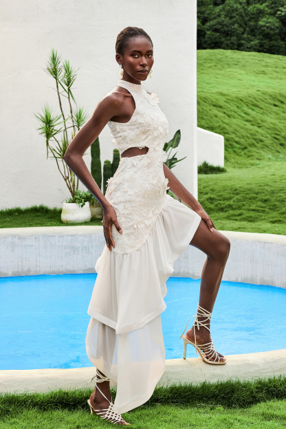 Ruffle Embroidered Halter Neck Midi  Dress