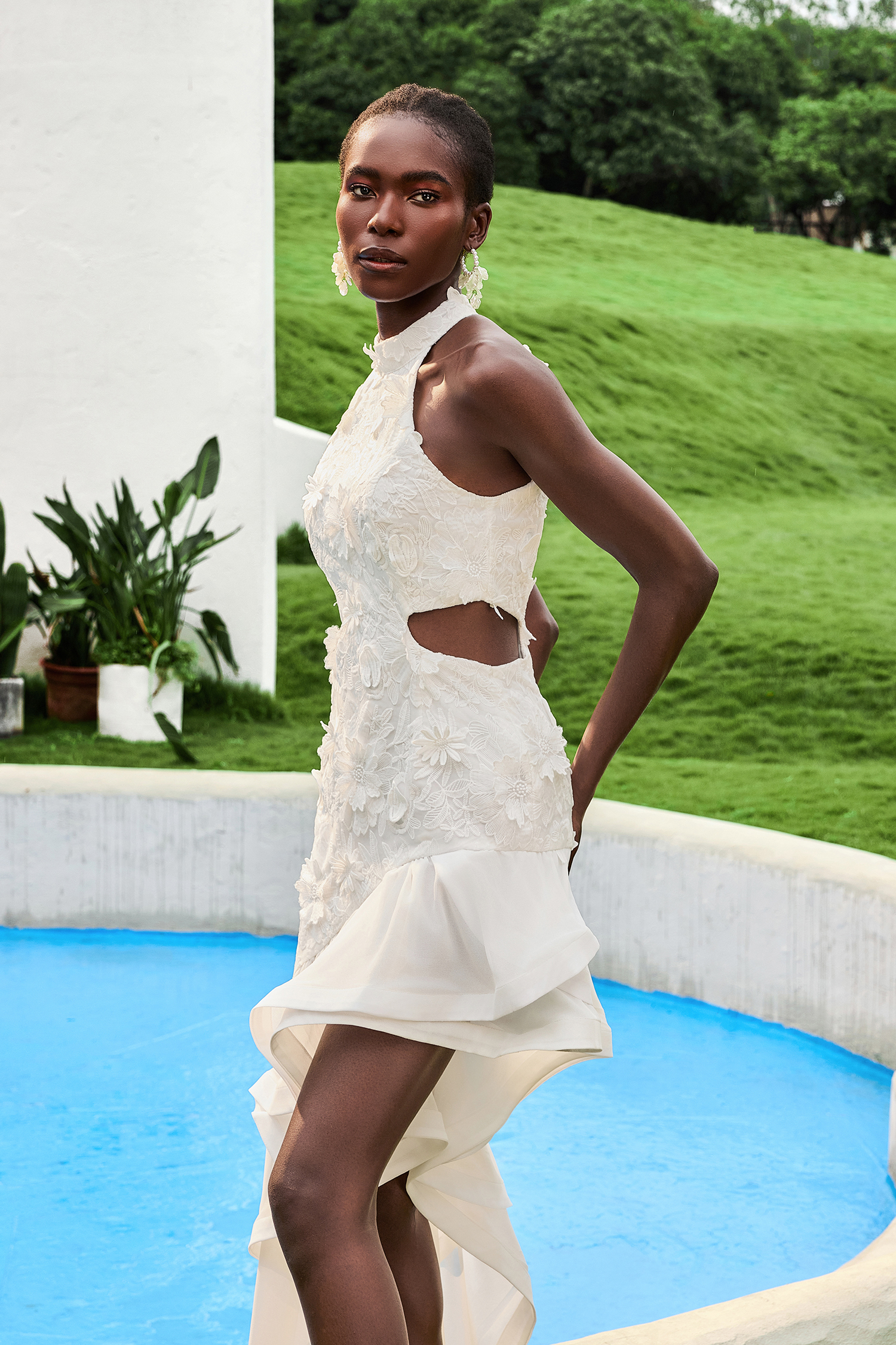 Ruffle Embroidered Halter Neck Midi  Dress