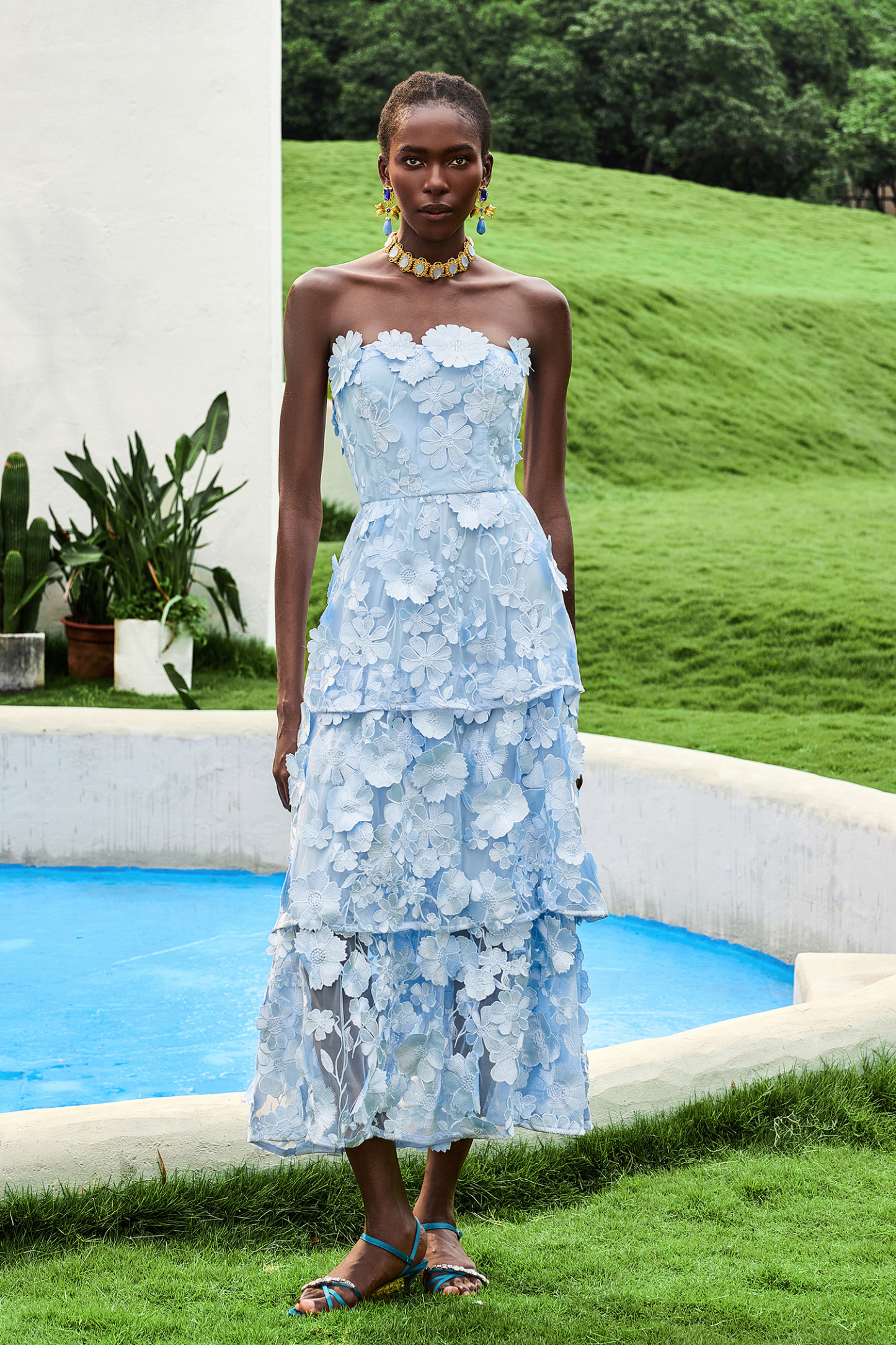 Embroidered Ruffle Off-Shoulder Midi Dress