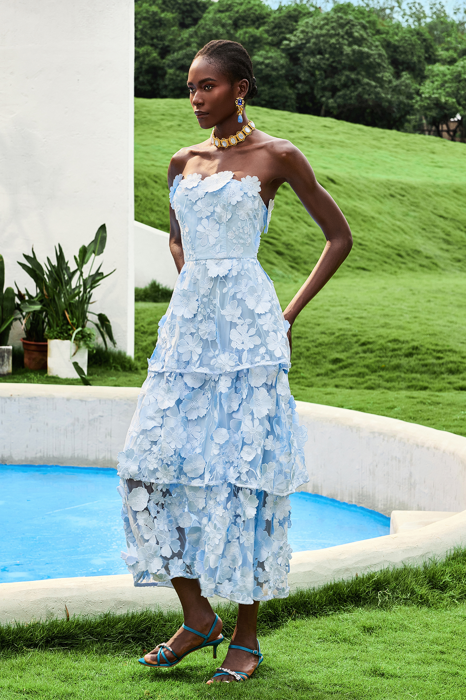 Embroidered Ruffle Off-Shoulder Midi Dress