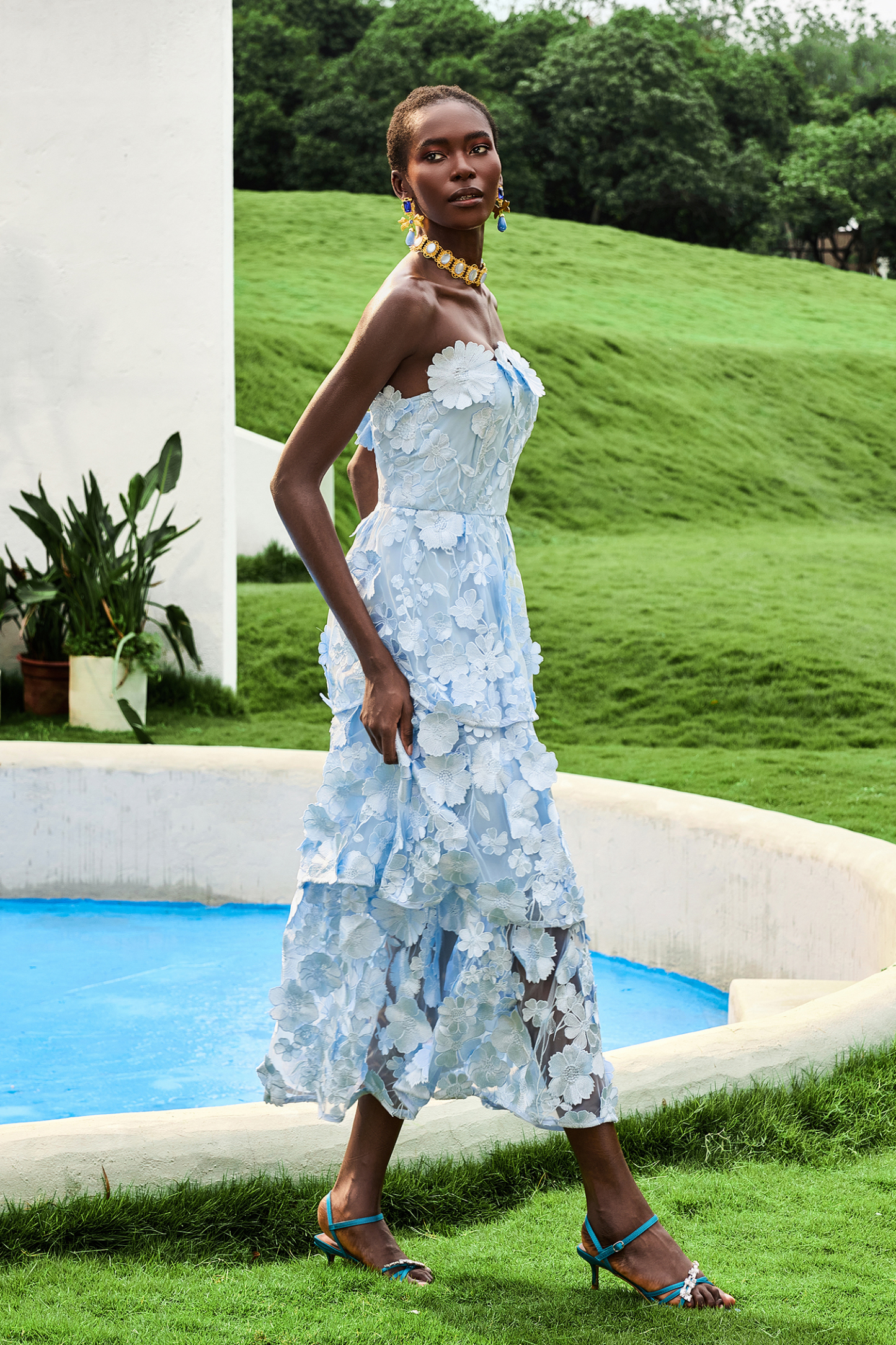 Embroidered Ruffle Off-Shoulder Midi Dress