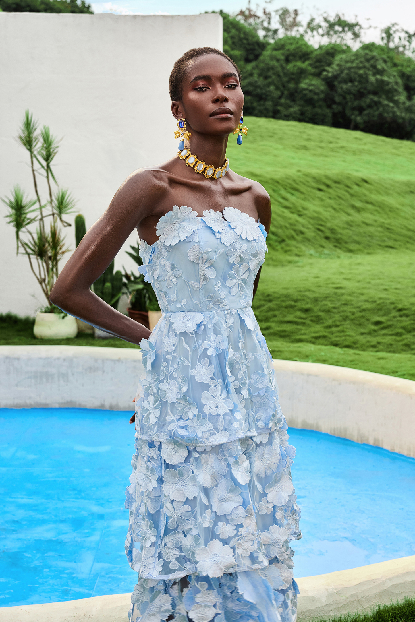 Embroidered Ruffle Off-Shoulder Midi Dress