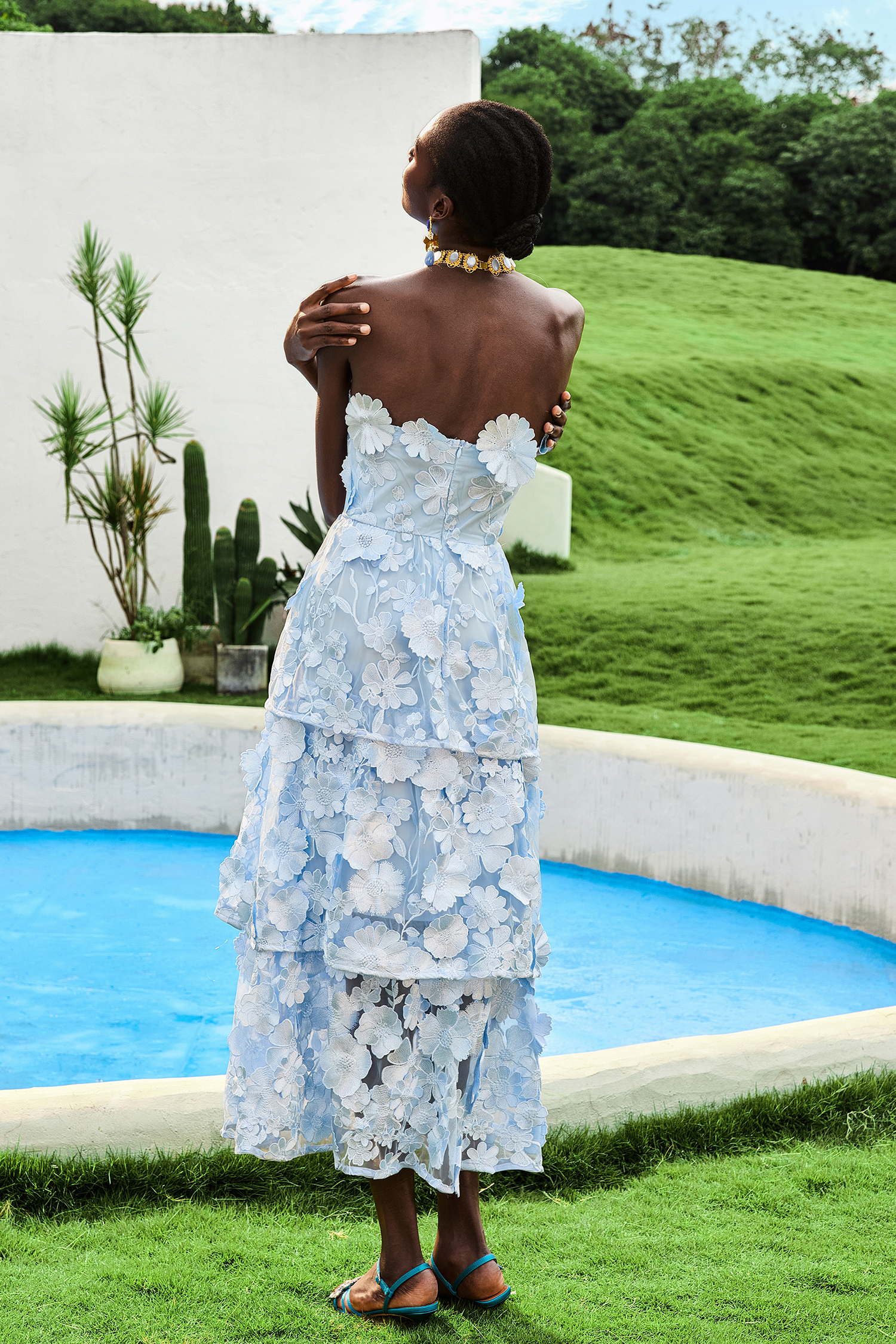 Embroidered Ruffle Off-Shoulder Midi Dress