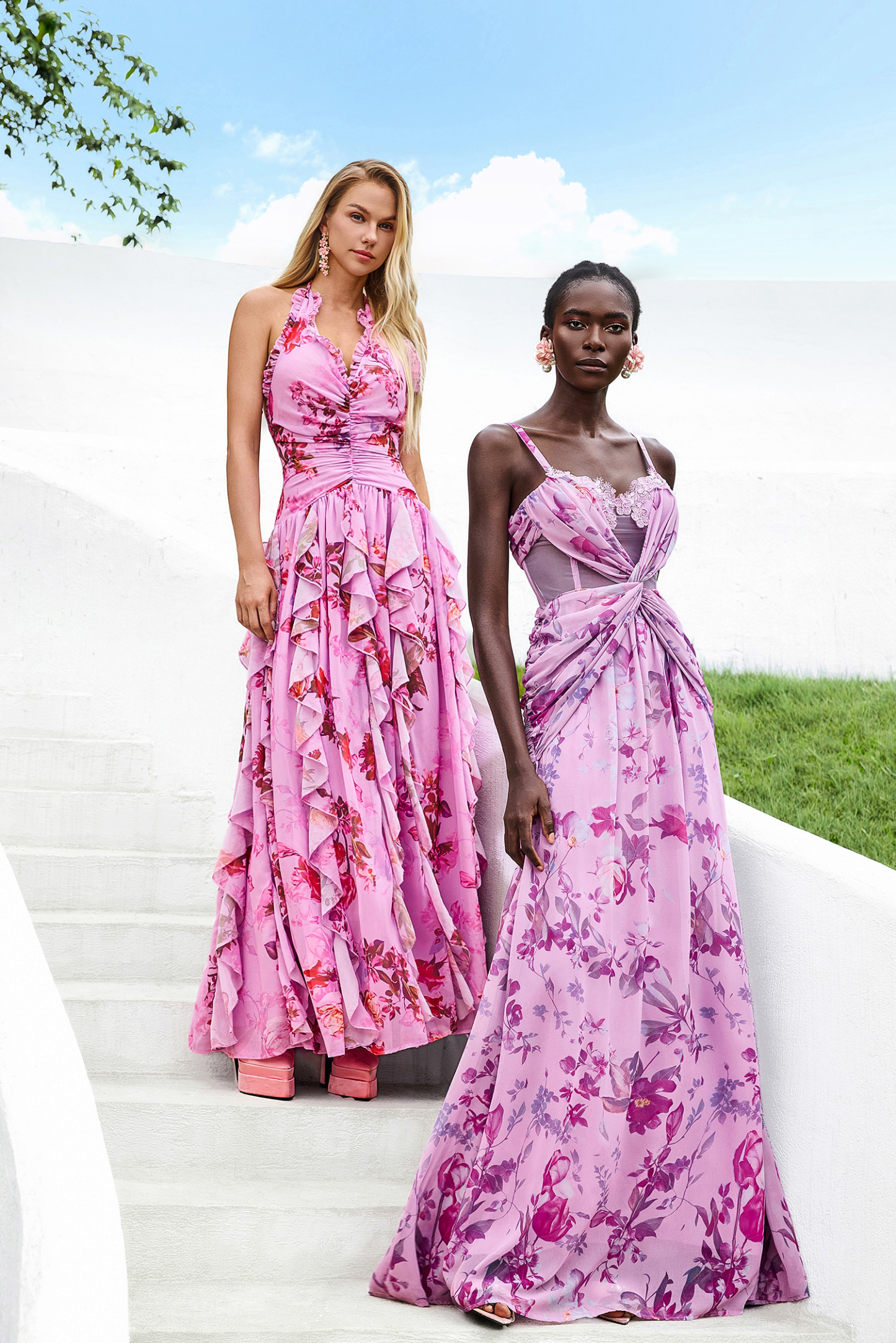 Floral Halter Neck Ruffle Maxi Dress