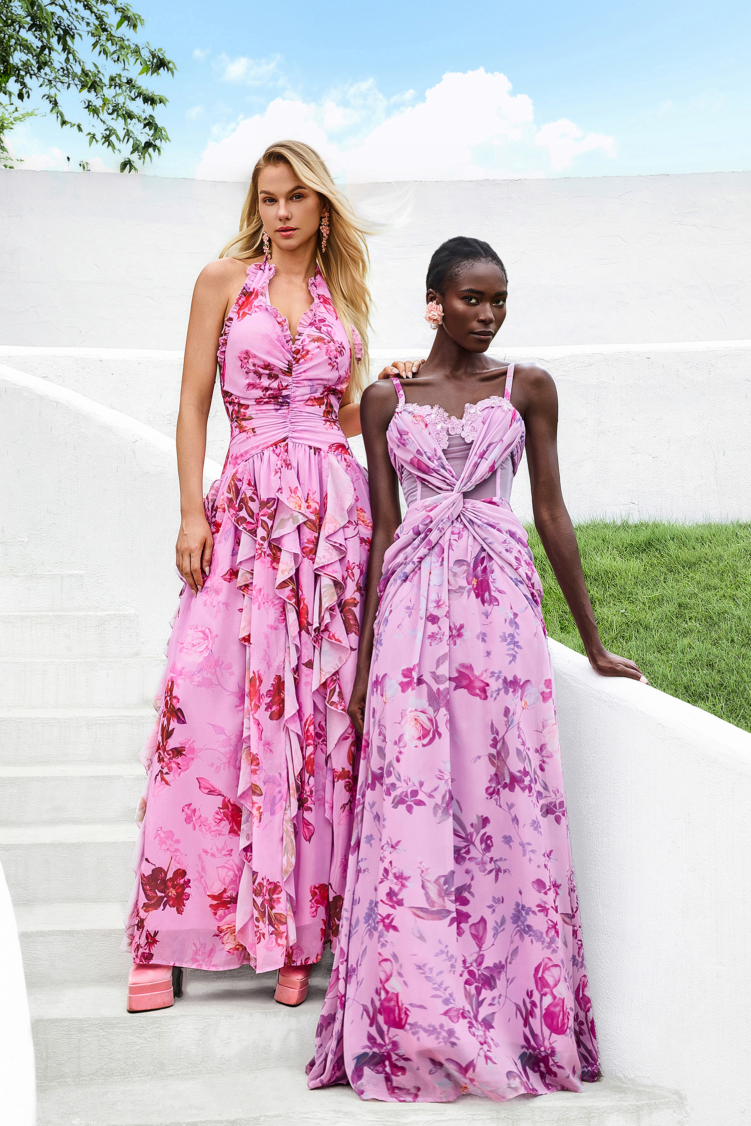 Floral Halter Neck Ruffle Maxi Dress