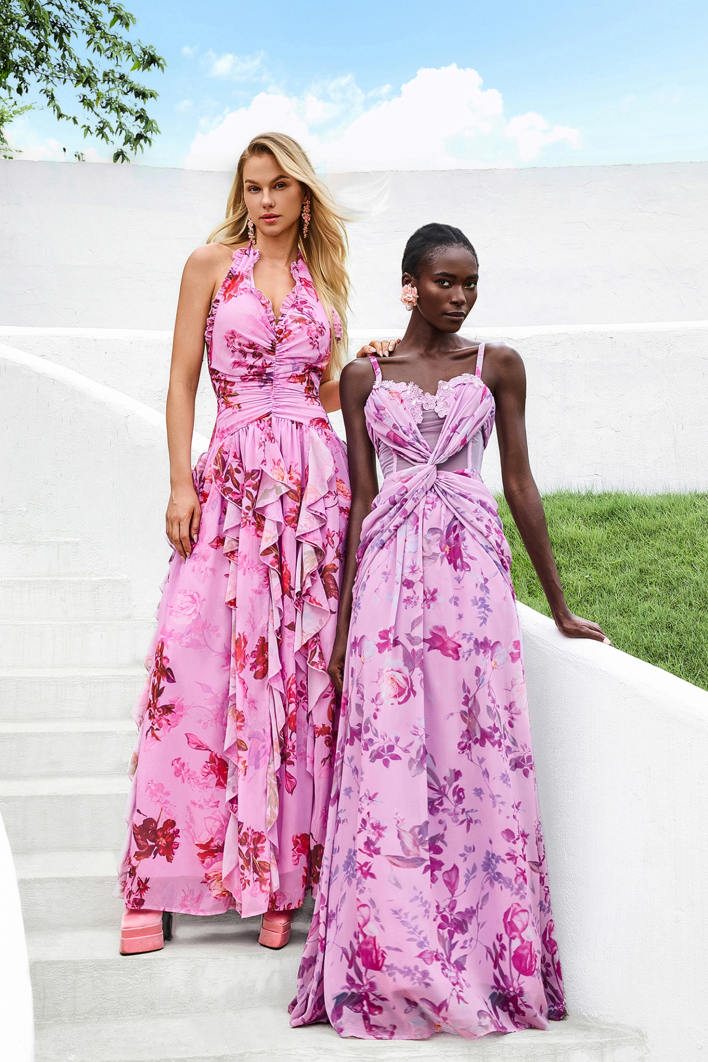 Floral Halter Neck Ruffle Maxi Dress