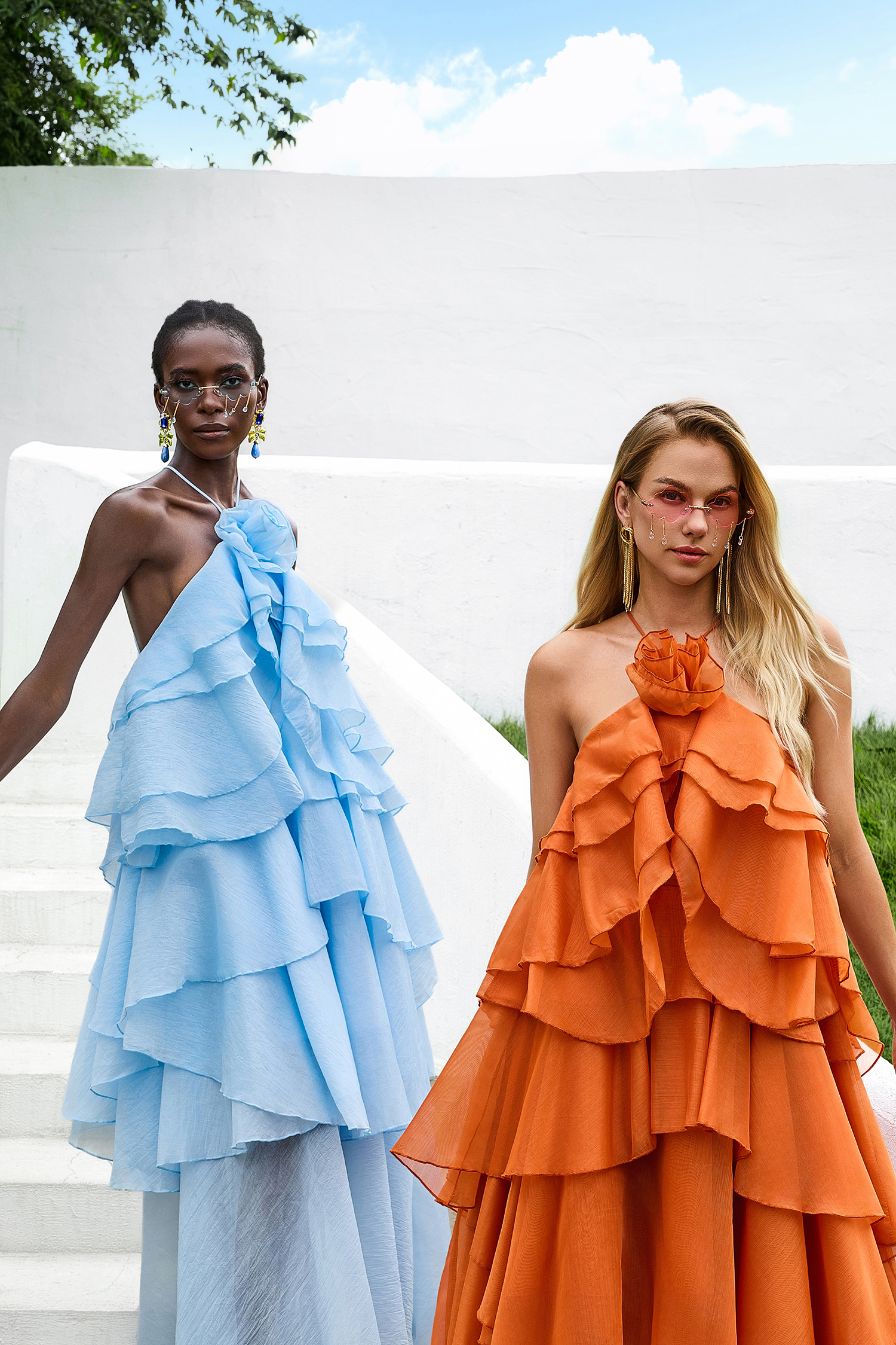 3D Flower Halter Neck Frill Maxi Dress