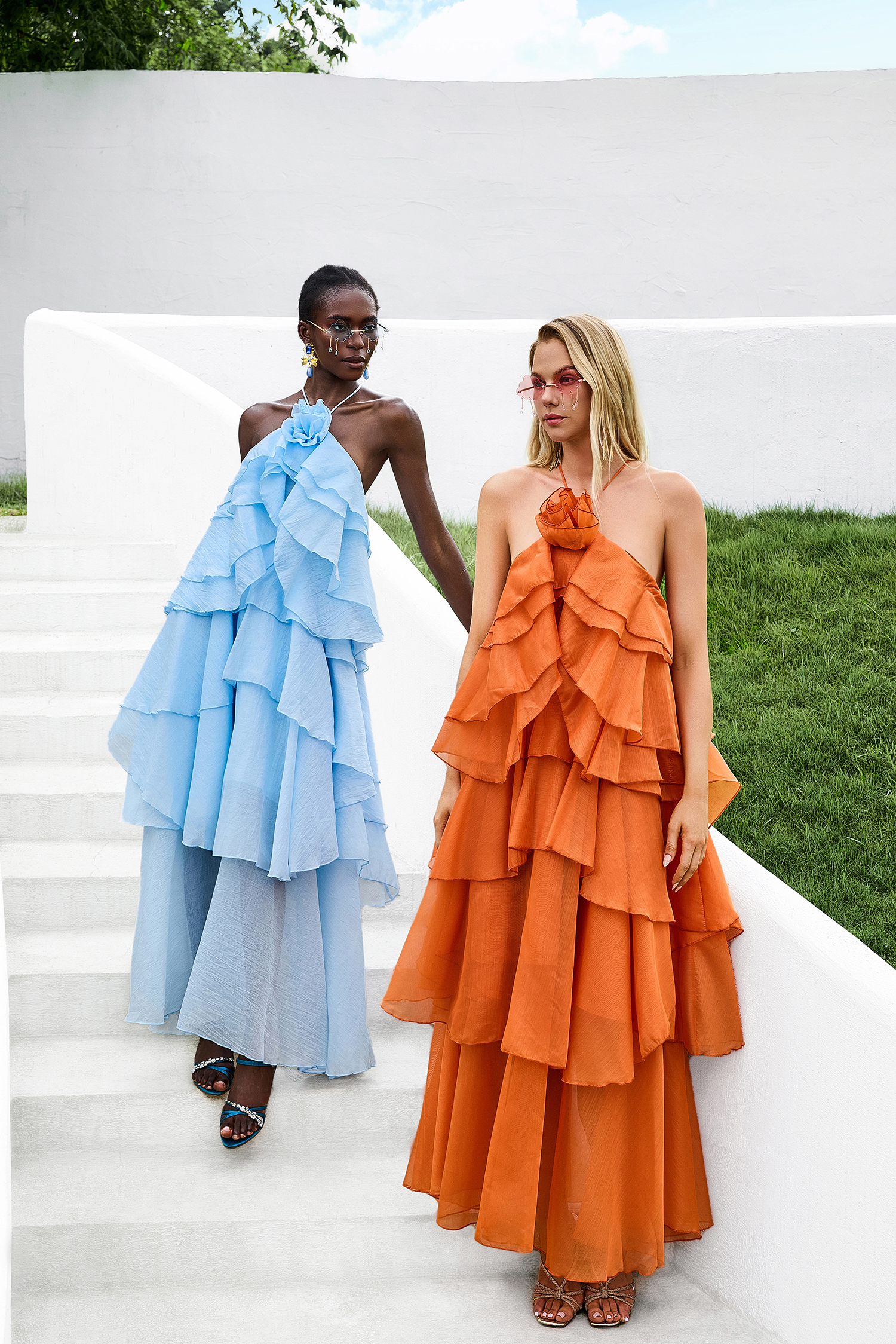 3D Flower Halter Neck Frill Maxi Dress