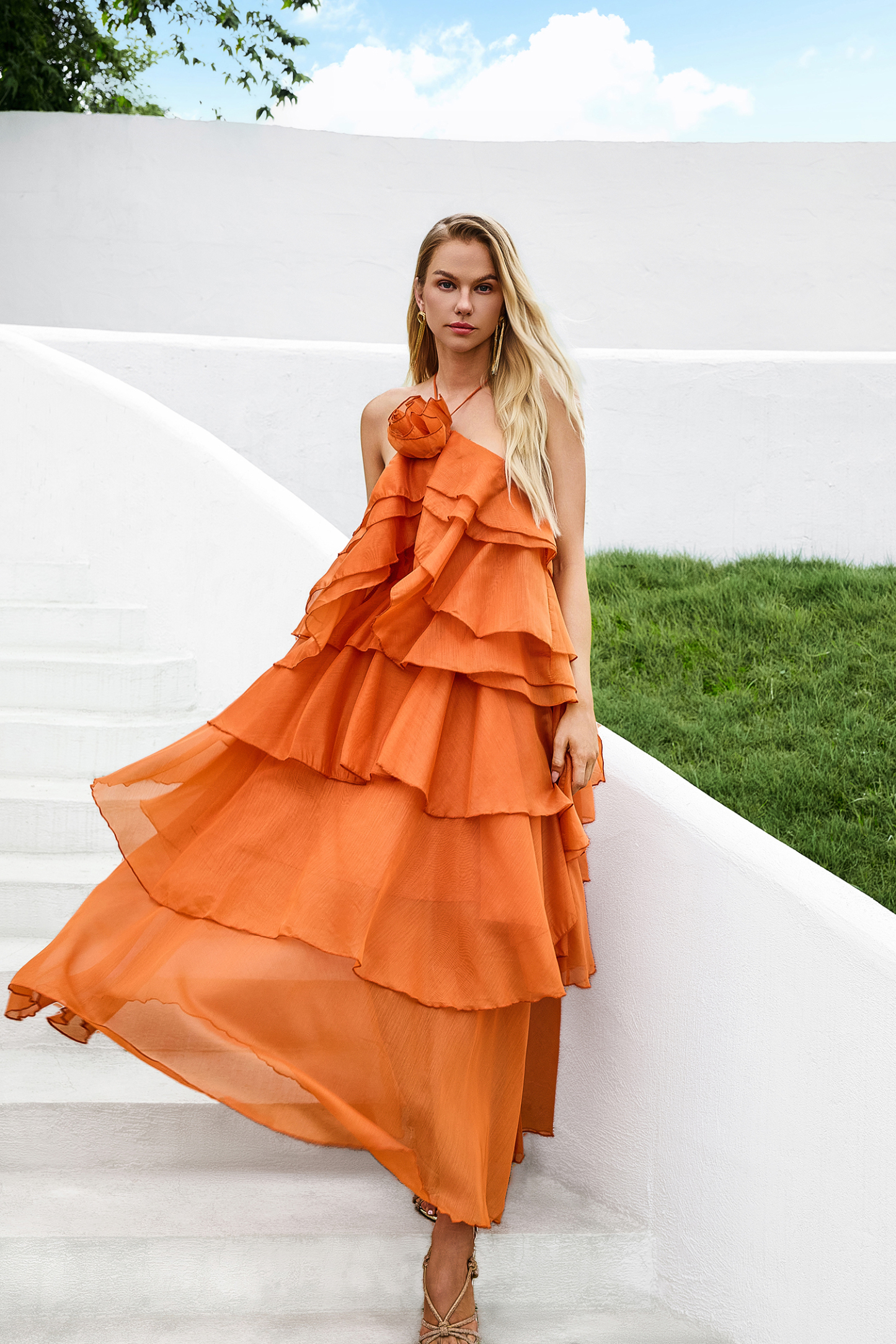 3D Flower Halter Neck Frill Maxi Dress