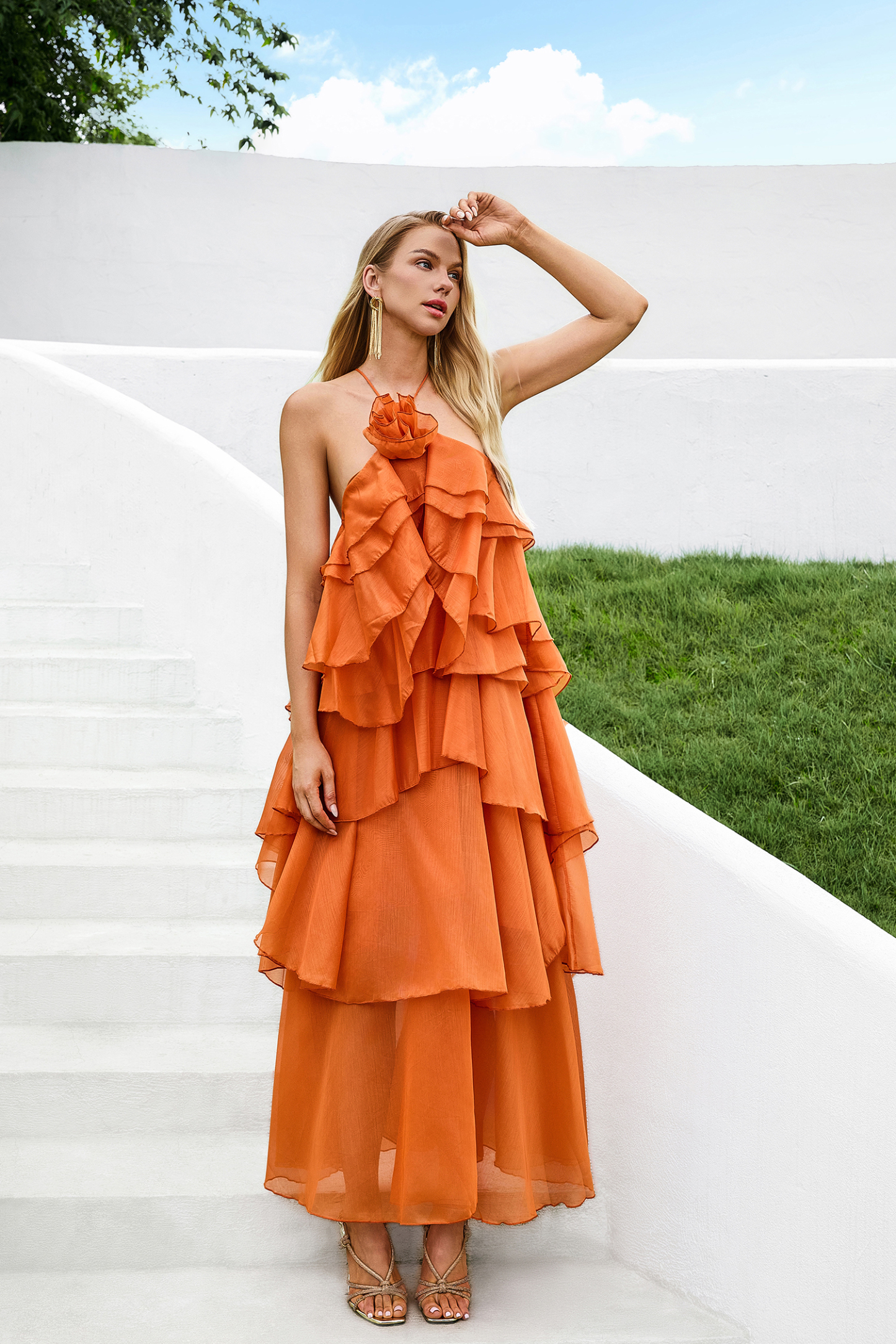 3D Flower Halter Neck Frill Maxi Dress