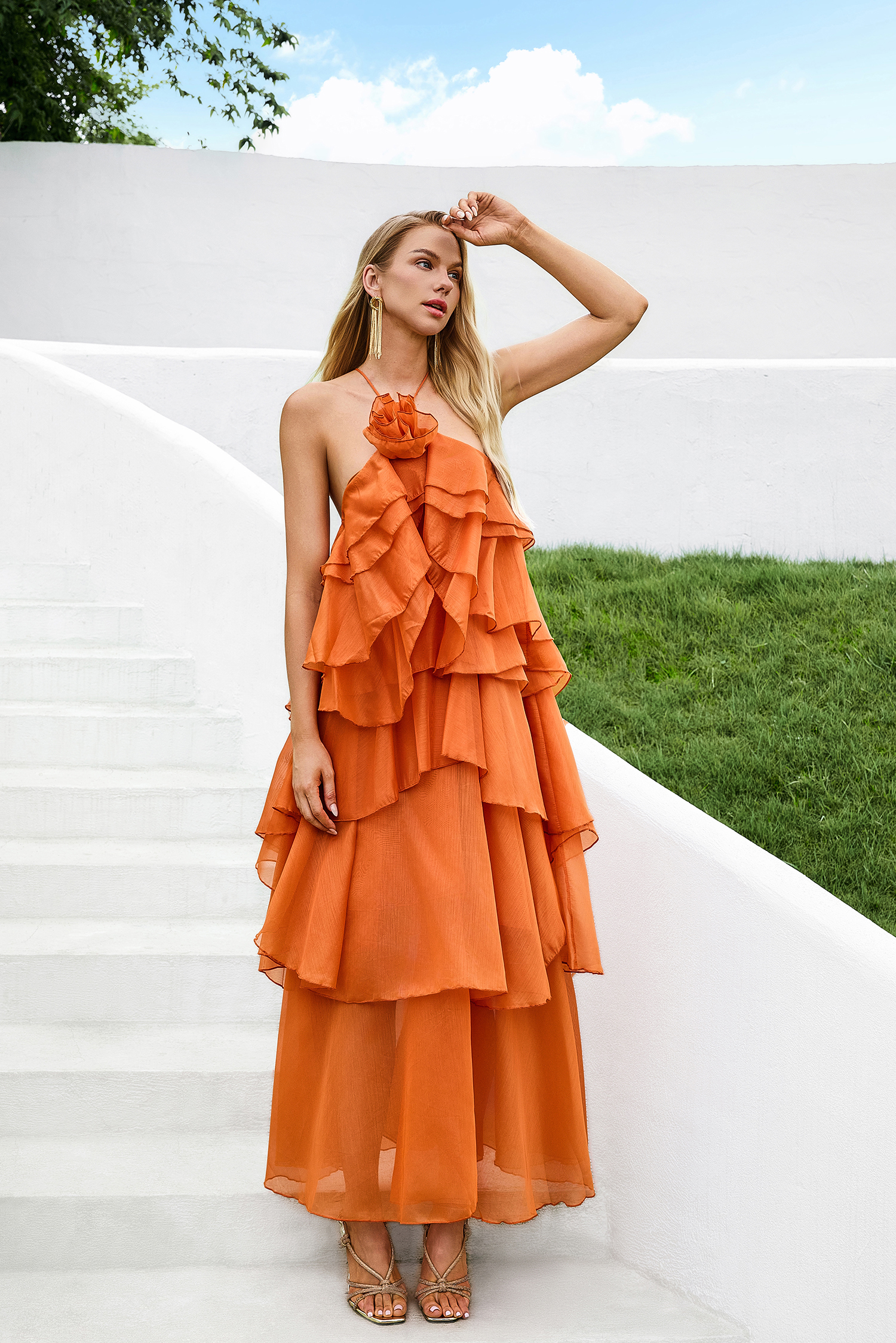 3D Flower Halter Neck Frill Maxi Dress