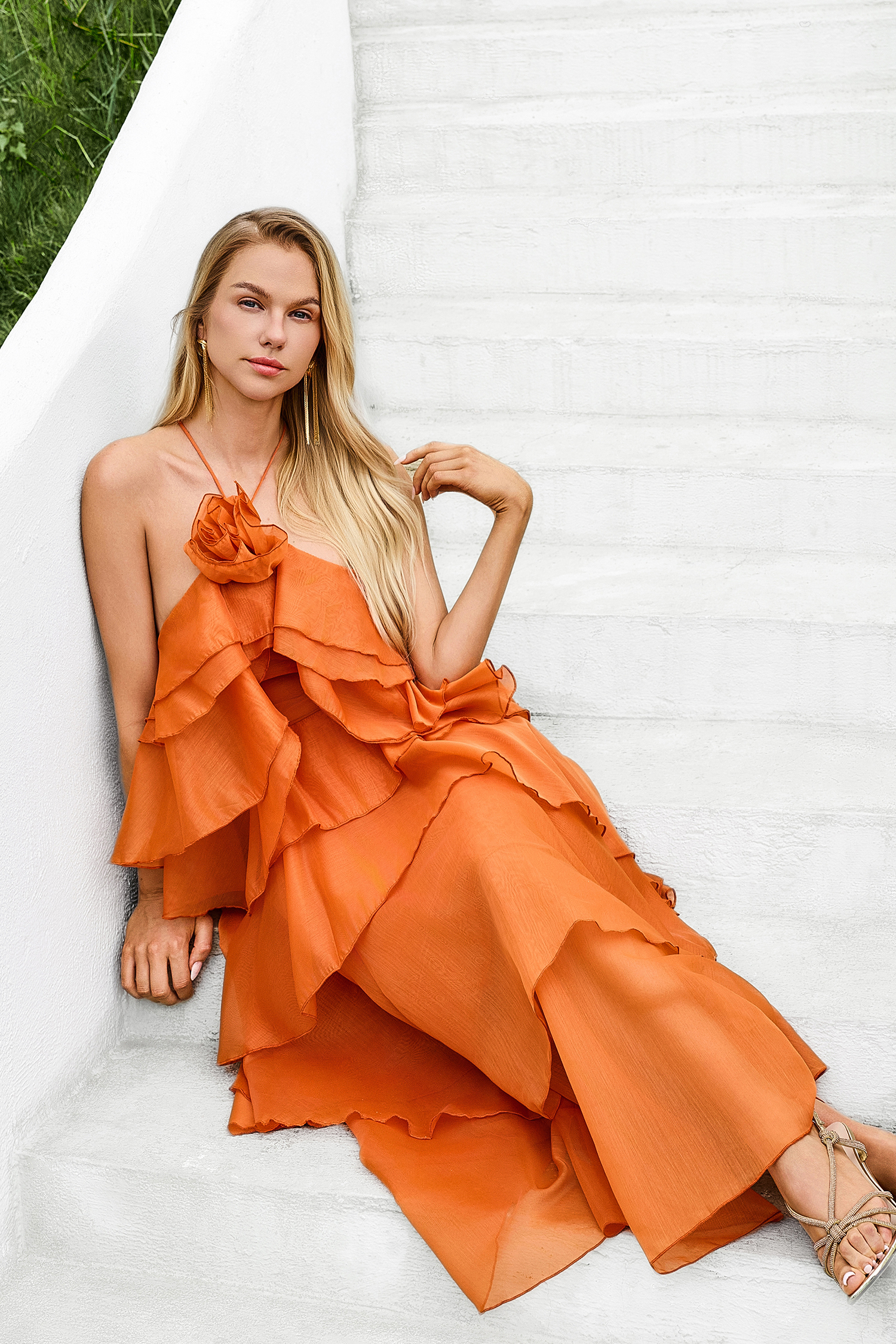 3D Flower Halter Neck Frill Maxi Dress