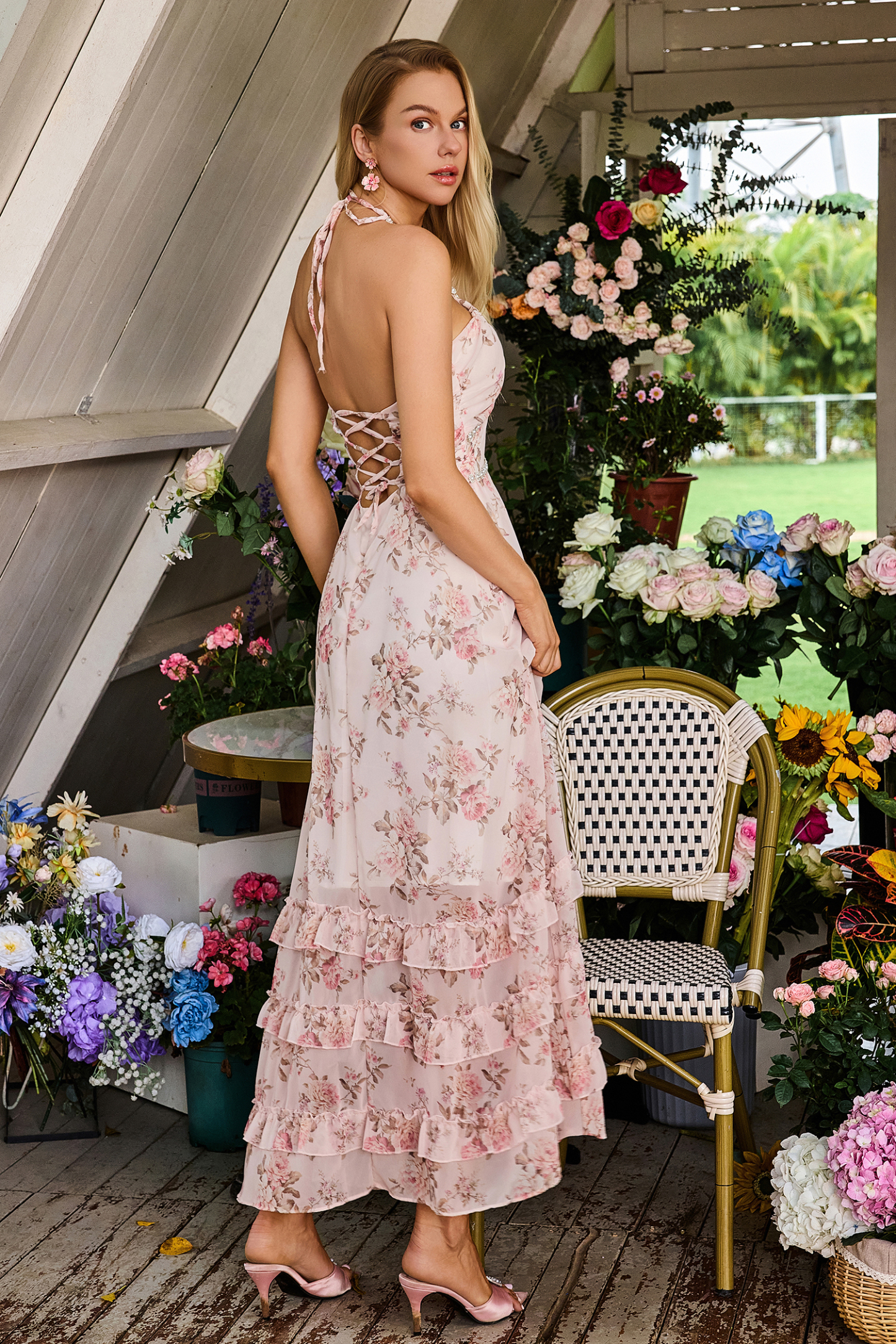 Floral Faux Pearl Frill Split Maxi Dress