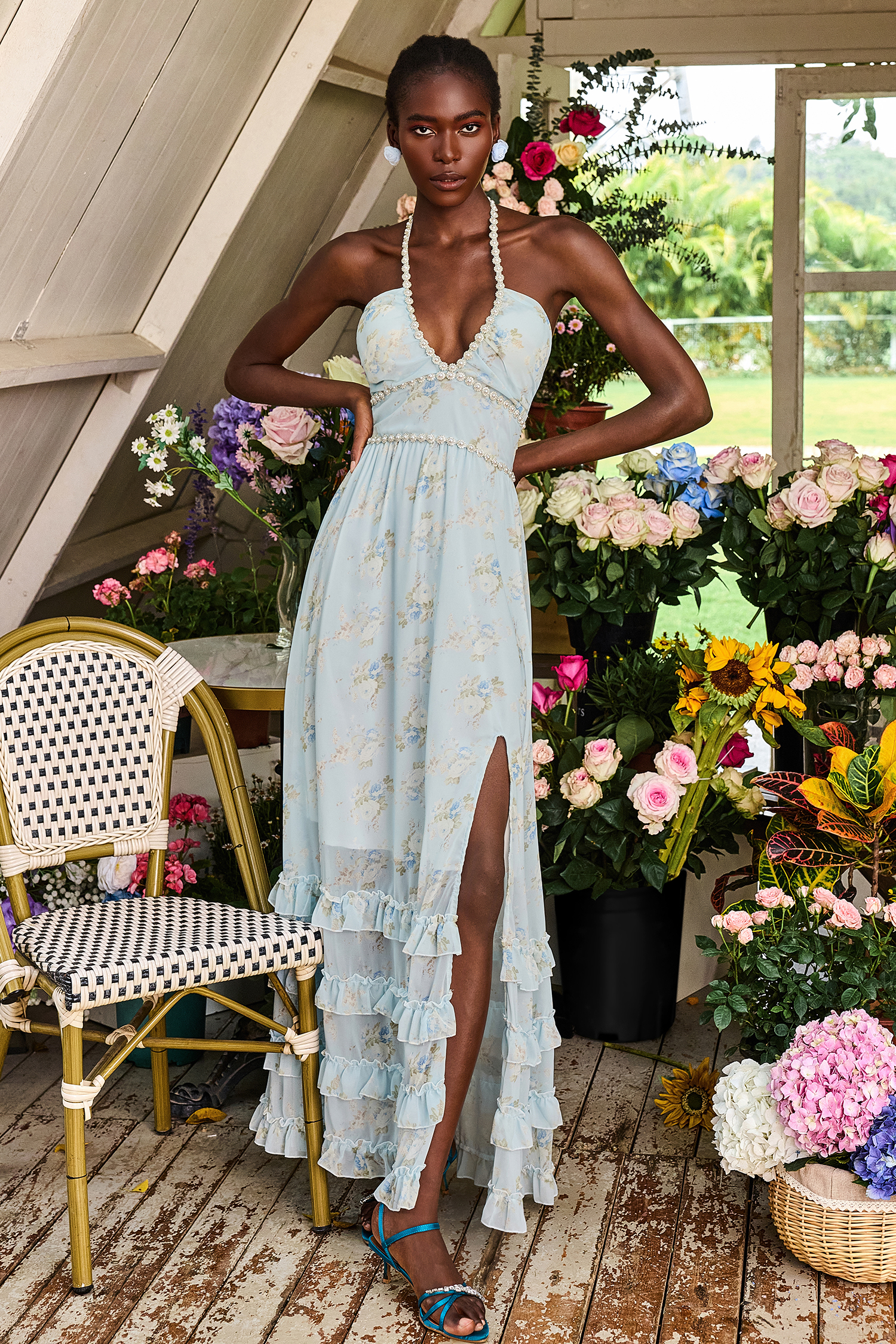 Floral Faux Pearl Frill Split Maxi Dress