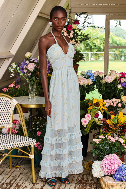 Floral Faux Pearl Frill Split Maxi Dress