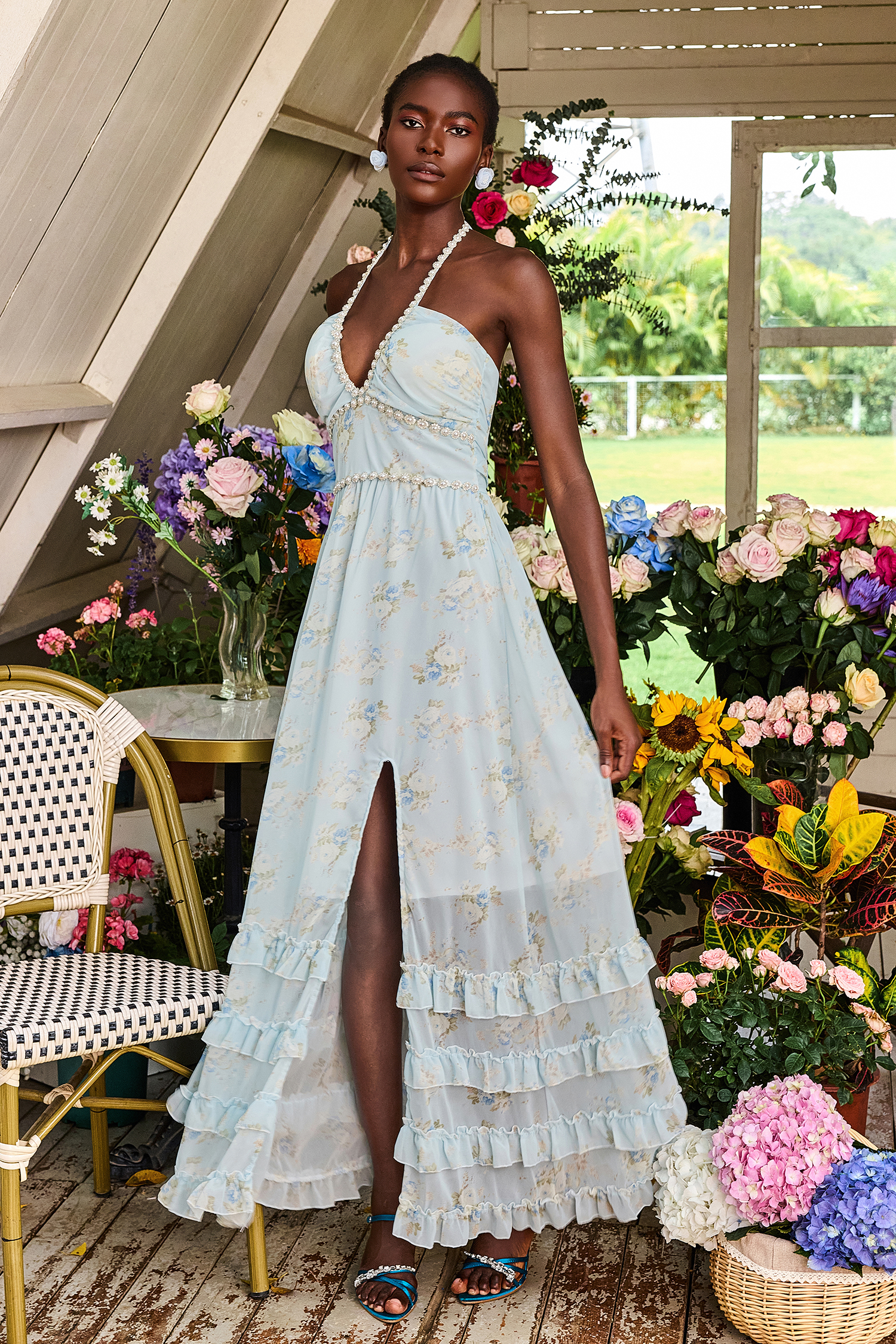 Floral Faux Pearl Frill Split Maxi Dress