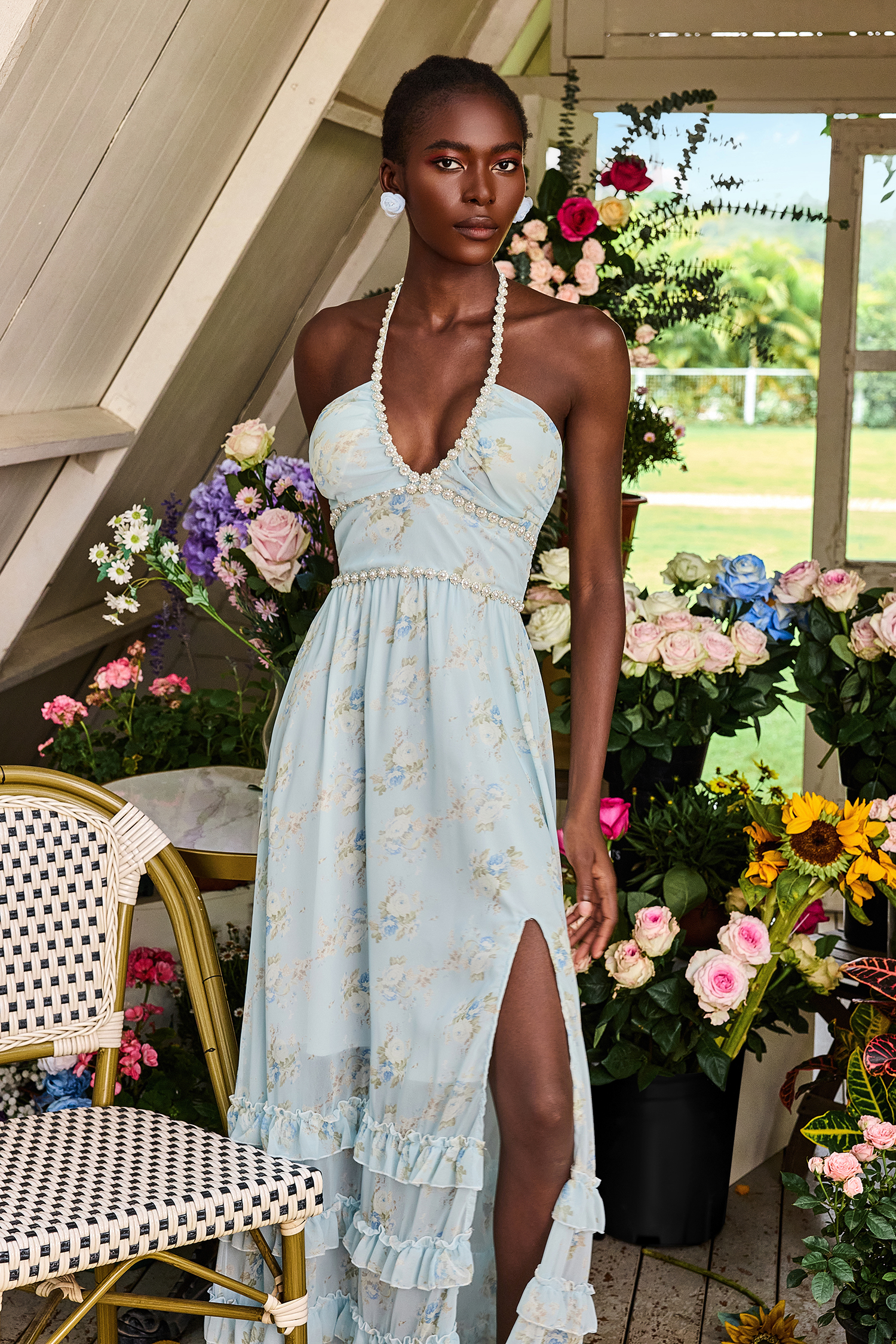 Floral Faux Pearl Frill Split Maxi Dress