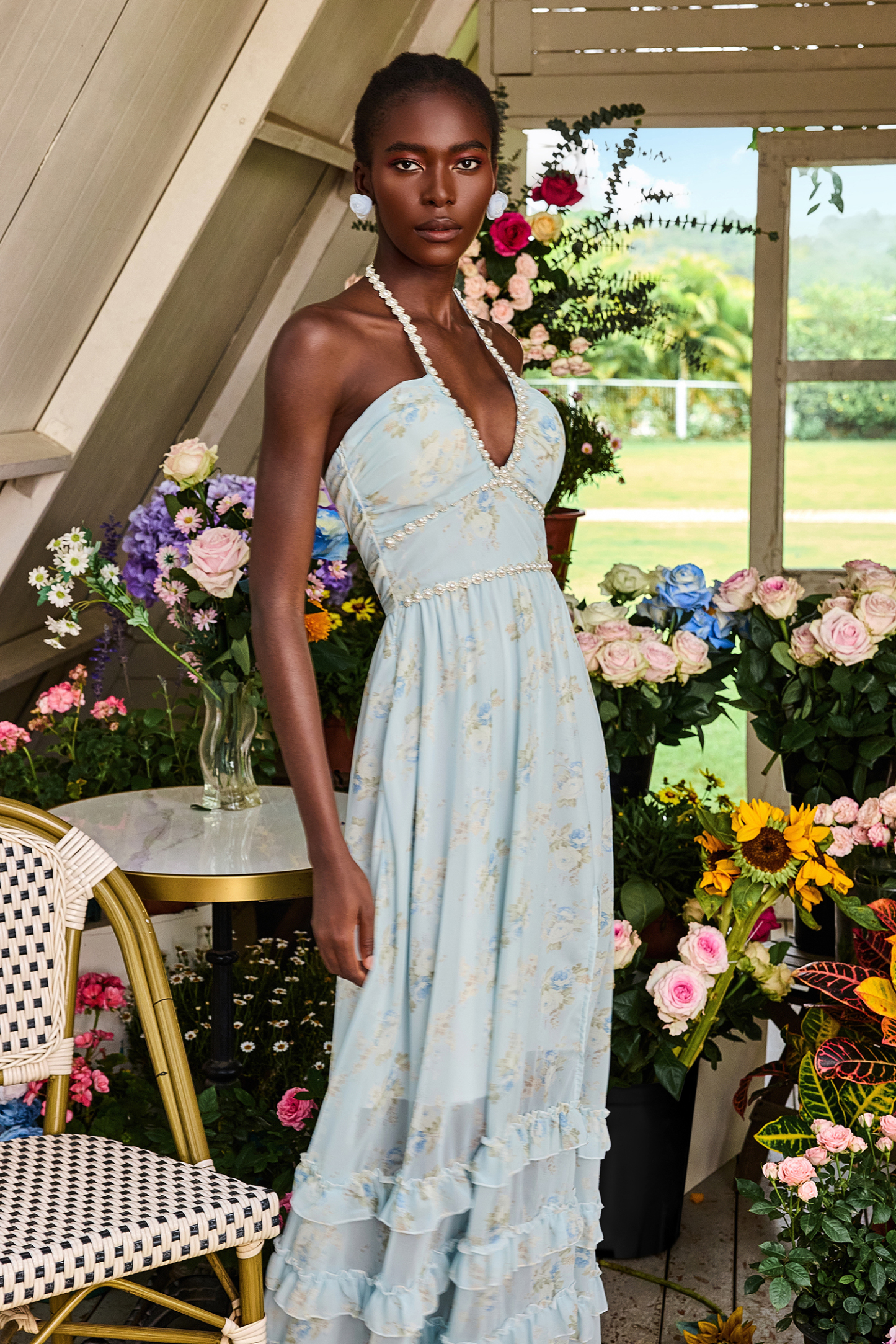 Floral Faux Pearl Frill Split Maxi Dress