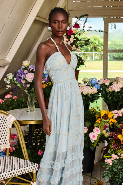 Floral Faux Pearl Frill Split Maxi Dress