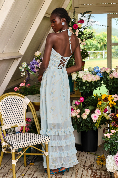 Floral Faux Pearl Frill Split Maxi Dress