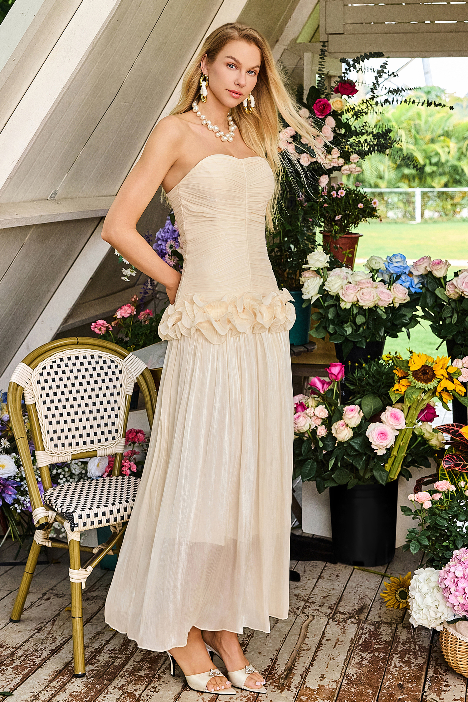 Solid Pleated Ruffle Maxi Dress